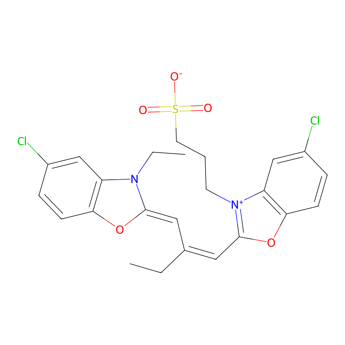 benzoxazolium, 5-chloro-2-(2-((5-chloro-3-ethyl-2(3h)-benzoxazolylidene)methyl)-1-buten-1-yl)-3-(3-sulfopropyl)-, inner salt molecular structure, CAS 63148-87-8