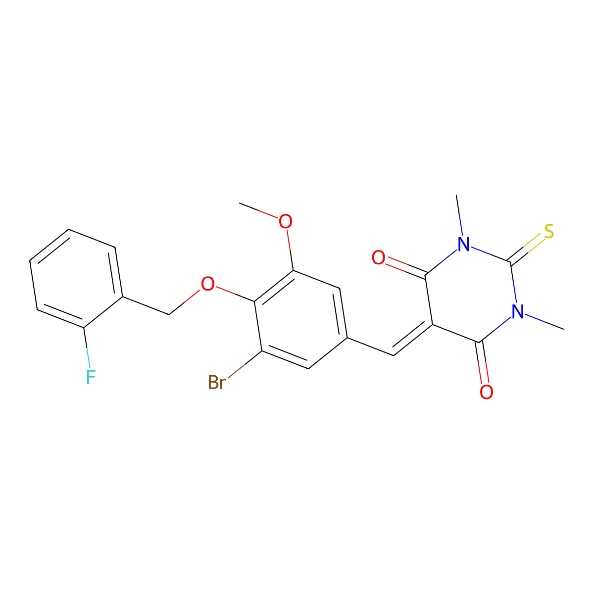 5-[[3-Bromo-4-[(2-fluorophenyl)methoxy]-5-methoxyphenyl]methylidene]-1,3-dimethyl-2-sulfanylidene-1,3-diazinane-4,6-dione molecular structure, CAS 6315-24-8