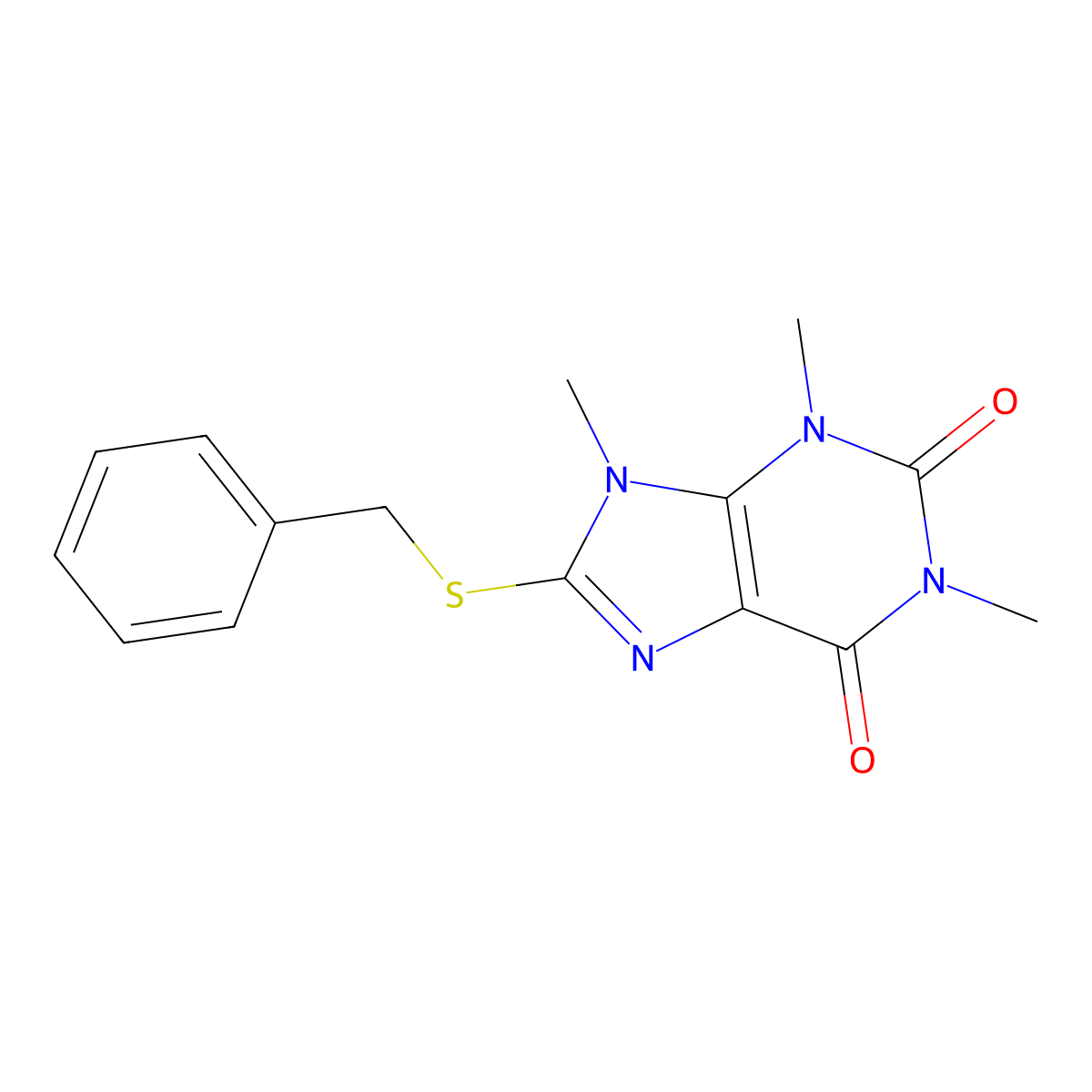 8-Benzylsulfanyl-1,3,9-trimethylpurine-2,6-dione molecular structure, CAS 6315-62-4