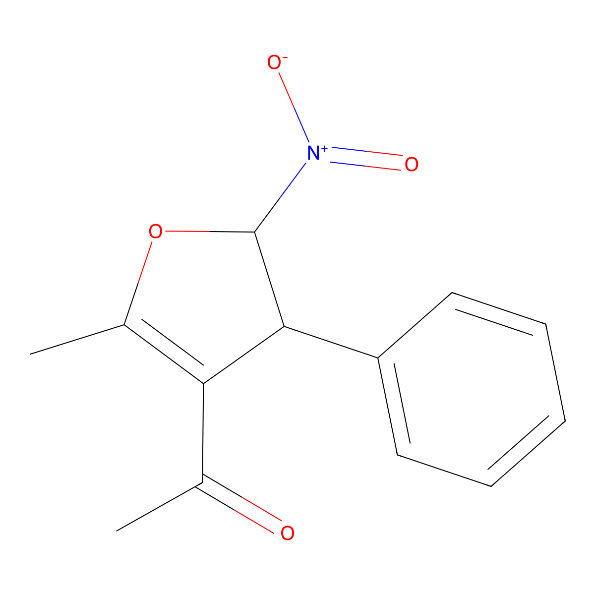 Ethanone, 1-(4,5-dihydro-2-methyl-5-nitro-4-phenyl-3-furanyl)- molecular structure, CAS 63183-16-4
