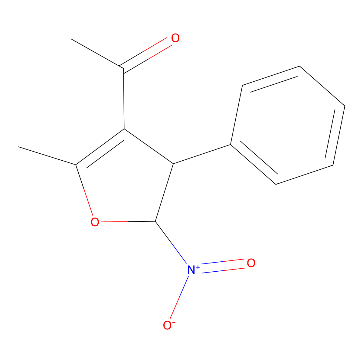Ethanone, 1-(4,5-dihydro-2-methyl-5-nitro-4-phenyl-3-furanyl)- molecular structure, CAS 63183-16-4