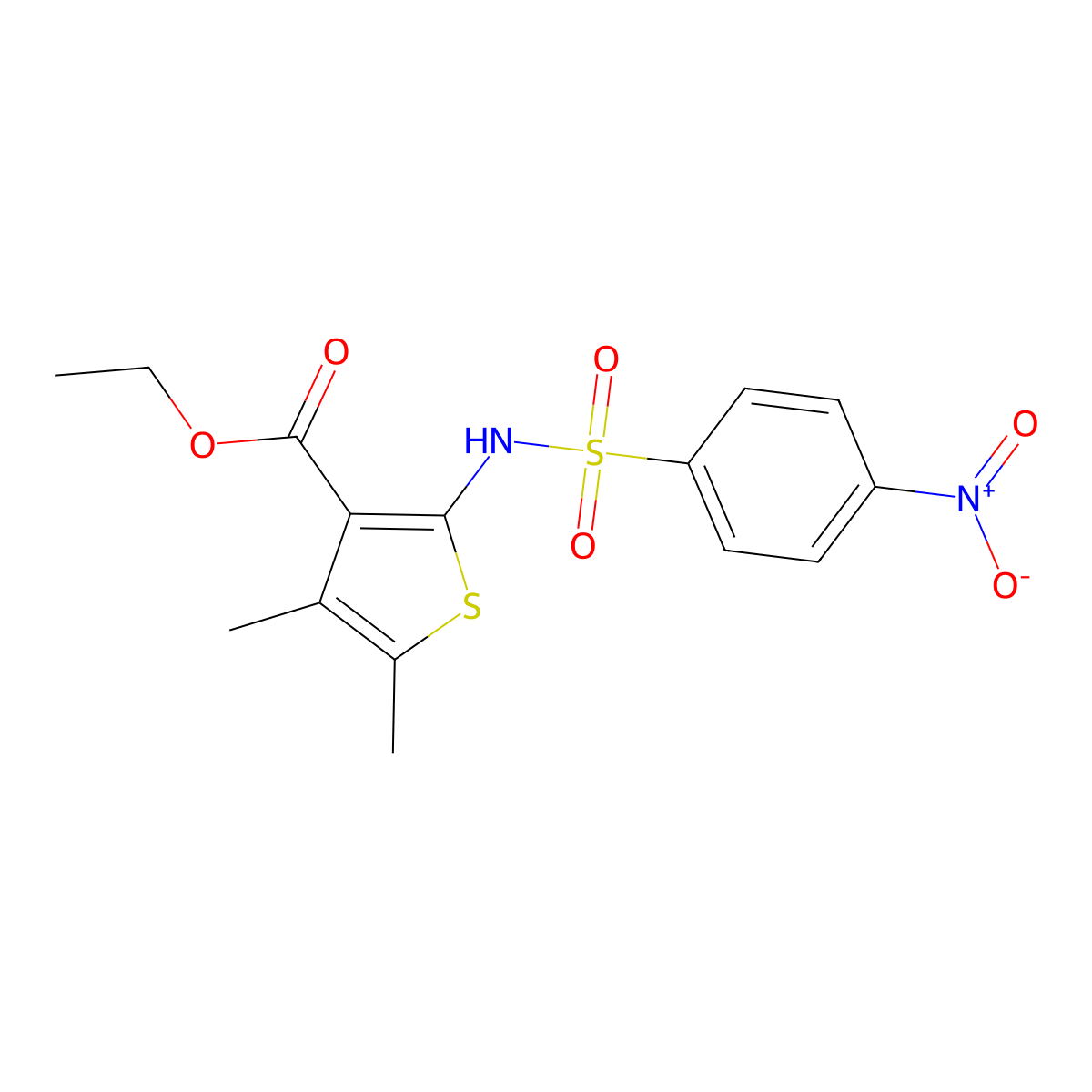 Ethyl 4,5-dimethyl-2-{[(4-nitrophenyl)sulfonyl]amino}thiophene-3-carboxylate molecular structure, CAS 63183-28-8
