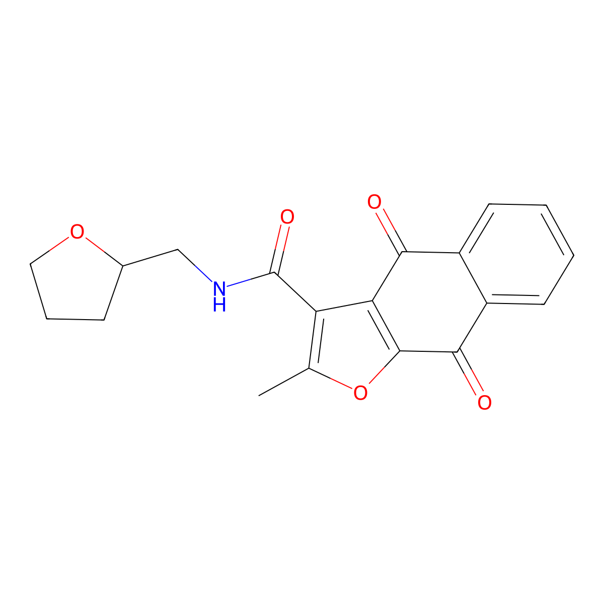 2-methyl-4,9-dioxo-N-(tetrahydrofuran-2-ylmethyl)-4,9-dihydronaphtho[2,3-b]furan-3-carboxamide molecular structure, CAS 631856-25-2