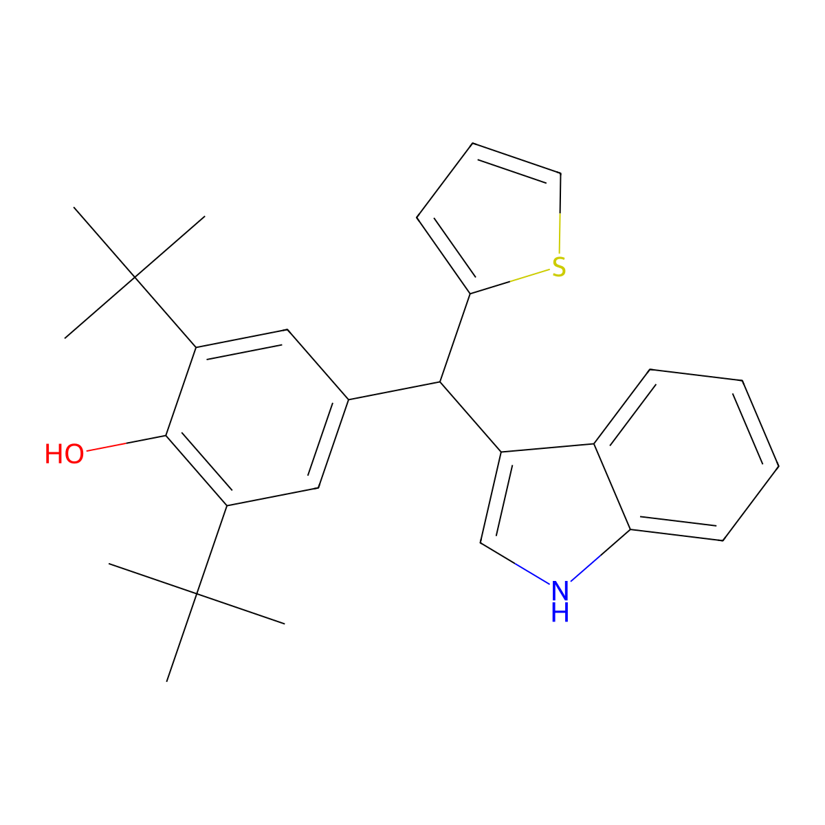 2,6-di-tert-butyl-4-[1H-indol-3-yl(thiophen-2-yl)methyl]phenol molecular structure, CAS 631856-32-1
