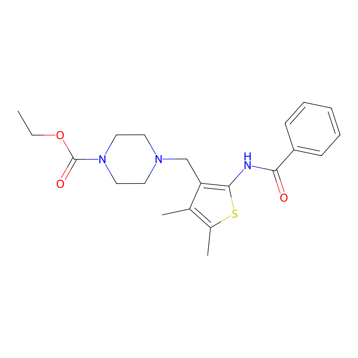 Ethyl 4-((2-benzamido-4,5-dimethylthiophen-3-yl)methyl)piperazine-1-carboxylate molecular structure, CAS 631856-70-7