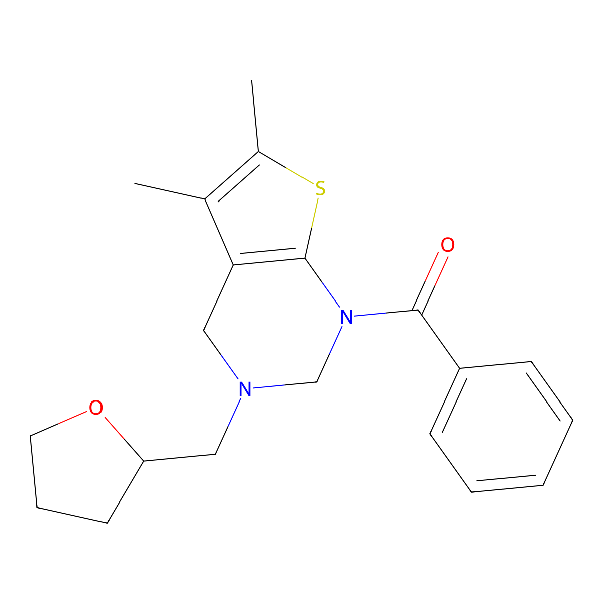 [5,6-dimethyl-3-(tetrahydrofuran-2-ylmethyl)-3,4-dihydrothieno[2,3-d]pyrimidin-1(2H)-yl](phenyl)methanone molecular structure, CAS 631857-07-3