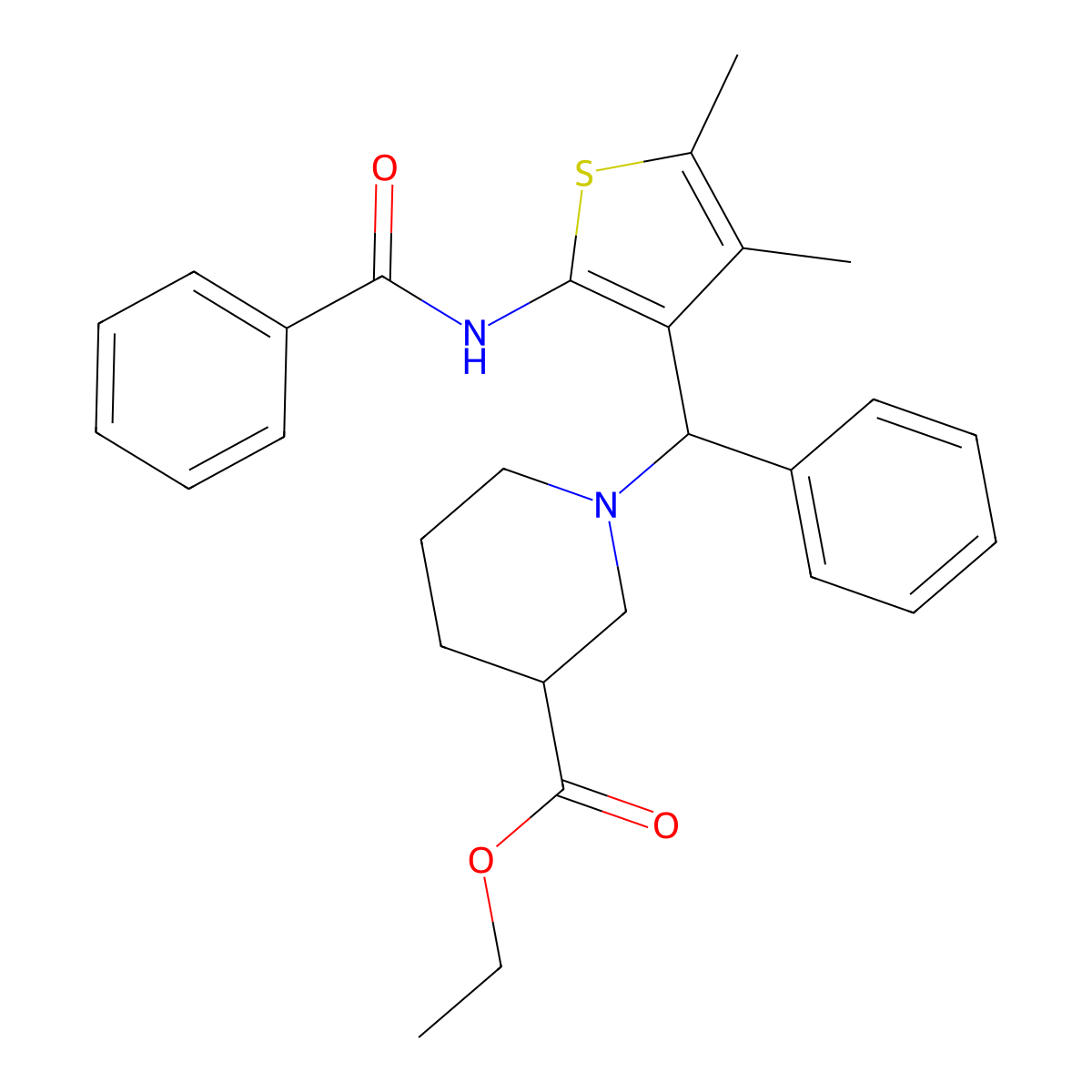 Ethyl 1-[(2-benzamido-4,5-dimethylthiophen-3-yl)(phenyl)methyl]piperidine-3-carboxylate molecular structure, CAS 631857-48-2