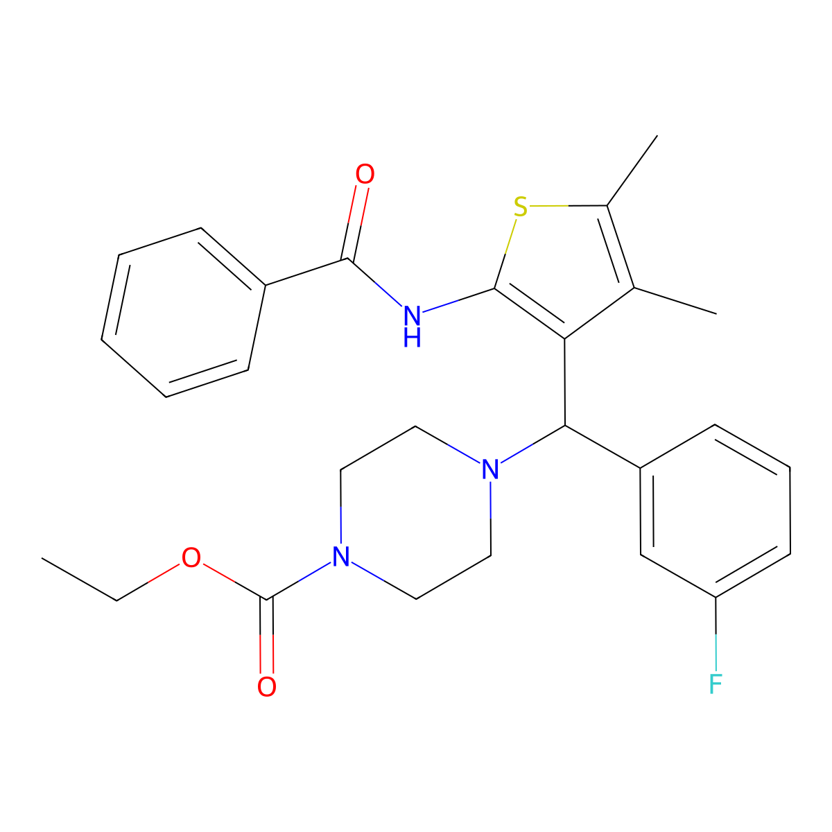 Ethyl 4-((2-benzamido-4,5-dimethylthiophen-3-yl)(3-fluorophenyl)methyl)piperazine-1-carboxylate molecular structure, CAS 631860-09-8