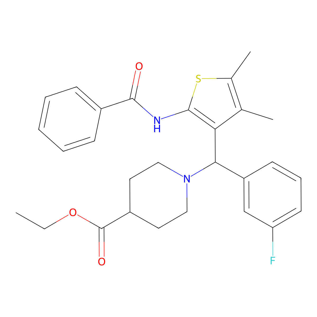 Ethyl 1-[(2-benzamido-4,5-dimethylthiophen-3-yl)(3-fluorophenyl)methyl]piperidine-4-carboxylate molecular structure, CAS 631860-11-2