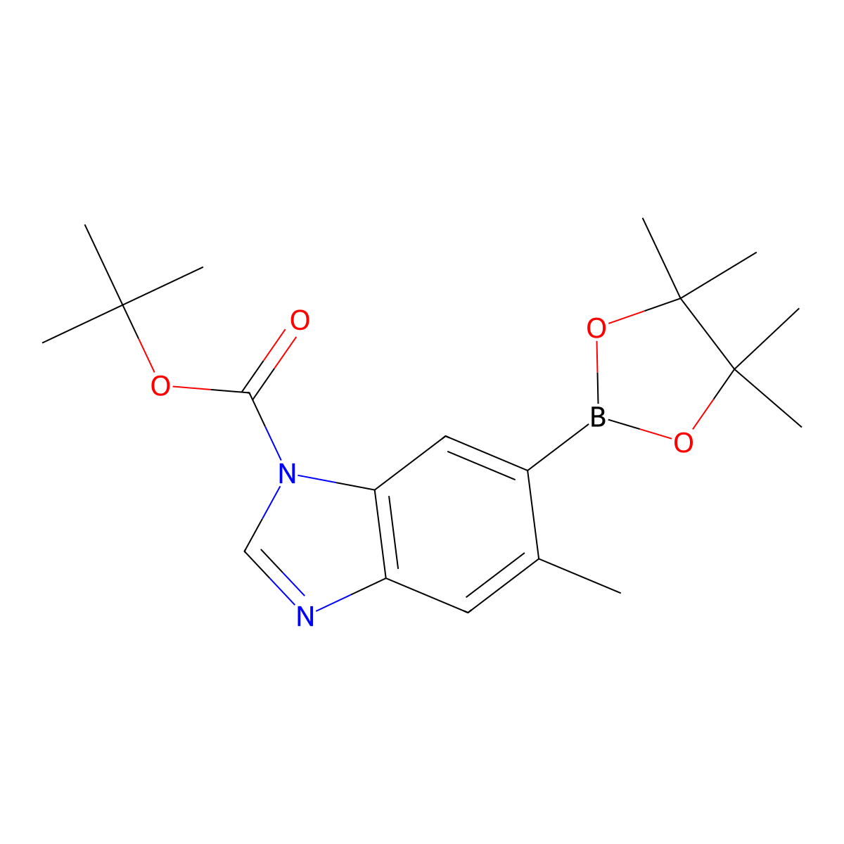 tert-Butyl 5-methyl-6-(4,4,5,5-tetramethyl-1,3,2-dioxaborolan-2-yl)-1H-benzo[d]imidazole-1-carboxylate molecular structure, CAS 631909-46-1