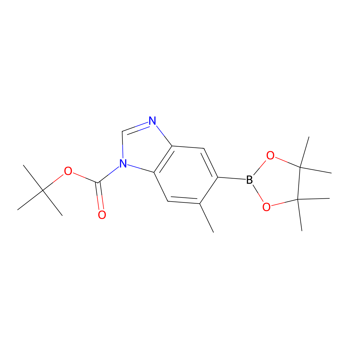 tert-Butyl 6-methyl-5-(4,4,5,5-tetramethyl-1,3,2-dioxaborolan-2-yl)-1H-benzo[d]imidazole-1-carboxylate molecular structure, CAS 631912-39-5