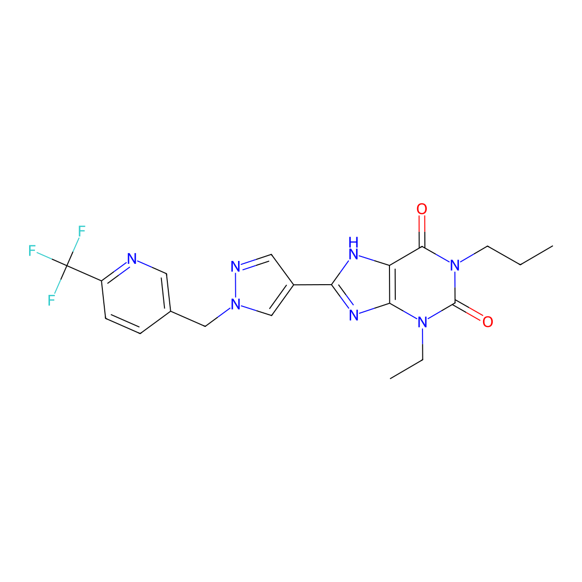 3-Ethyl-1-propyl-8-(1-((6-(trifluoromethyl)pyridin-3-yl)methyl)-1H-pyrazol-4-yl)-1H-purine-2,6(3H,7H)-dione molecular structure, CAS 631914-03-9