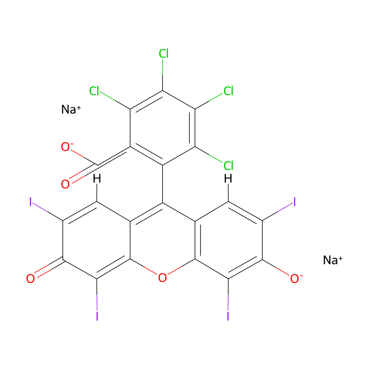 Sodium 4,5,6,7-tetrachloro-2',4',5',7'-tetraiodo-3-oxo-3H-spiro[isobenzofuran-1,9'-xanthene]-3',6'-bis(olate) , Rose Bengal sodium molecular structure, CAS 632-69-9
