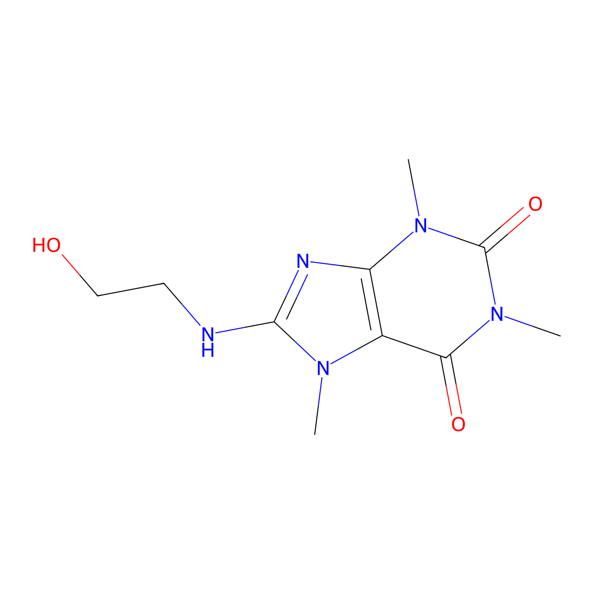 3,7-Dihydro-8-((2-hydroxyethyl)amino)-1,3,7-trimethyl-1H-purine-2,6-dione molecular structure, CAS 6320-10-1