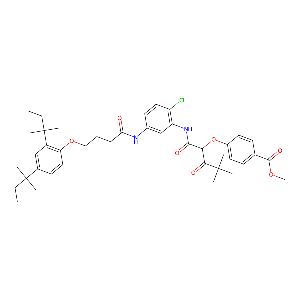 Benzoic acid, 4-[1-[[[5-[[4-[2,4-bis(1,1-dimethylpropyl)phenoxy]-1-oxobutyl]amino]-2-chlorophenyl]amino]carbonyl]-3,3-dimethyl-2-oxobutoxy]-, methyl ester molecular structure, CAS 63217-24-3