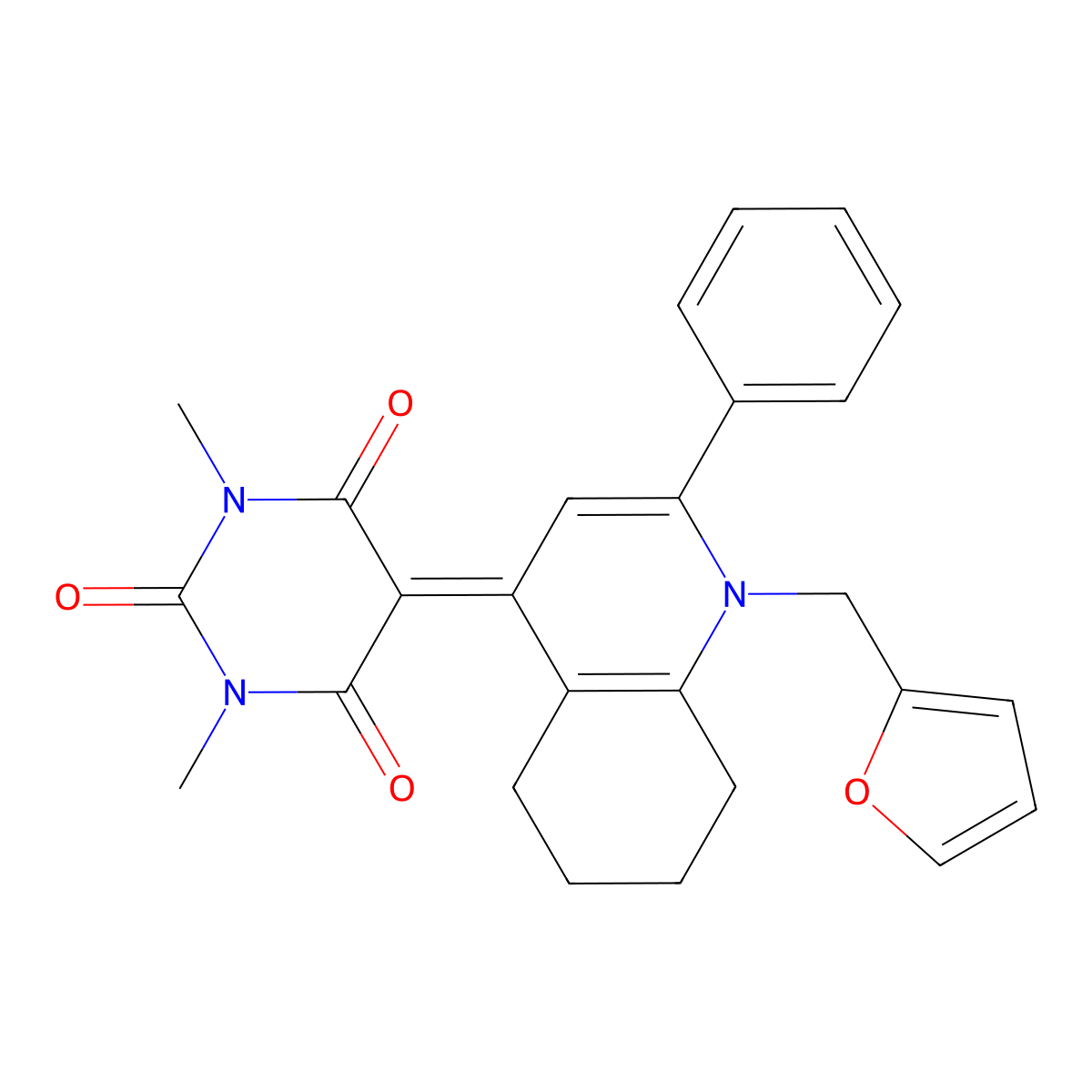 5-(1-(furan-2-ylmethyl)-2-phenyl-5,6,7,8-tetrahydroquinolin-4(1H)-ylidene)-1,3-dimethylpyrimidine-2,4,6(1H,3H,5H)-trione molecular structure, CAS 632289-66-8