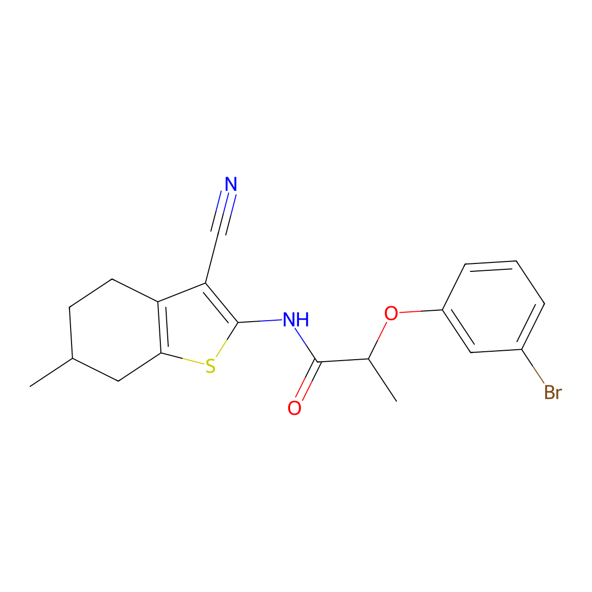 2-(3-bromophenoxy)-N-(3-cyano-6-methyl-4,5,6,7-tetrahydro-1-benzothiophen-2-yl)propanamide molecular structure, CAS 632290-05-2