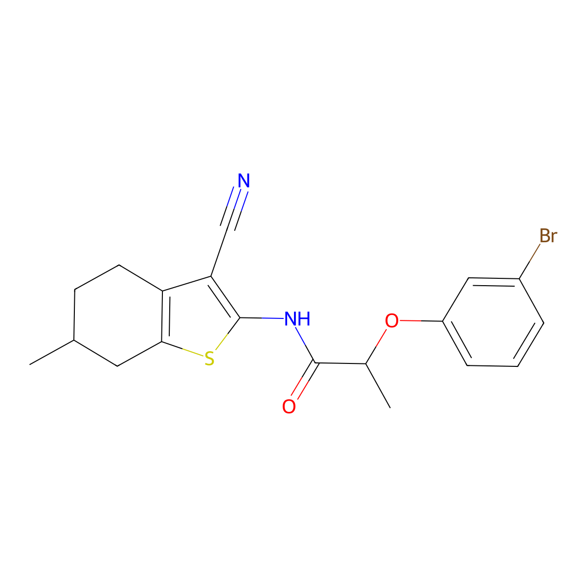 2-(3-bromophenoxy)-N-(3-cyano-6-methyl-4,5,6,7-tetrahydro-1-benzothiophen-2-yl)propanamide molecular structure, CAS 632290-05-2