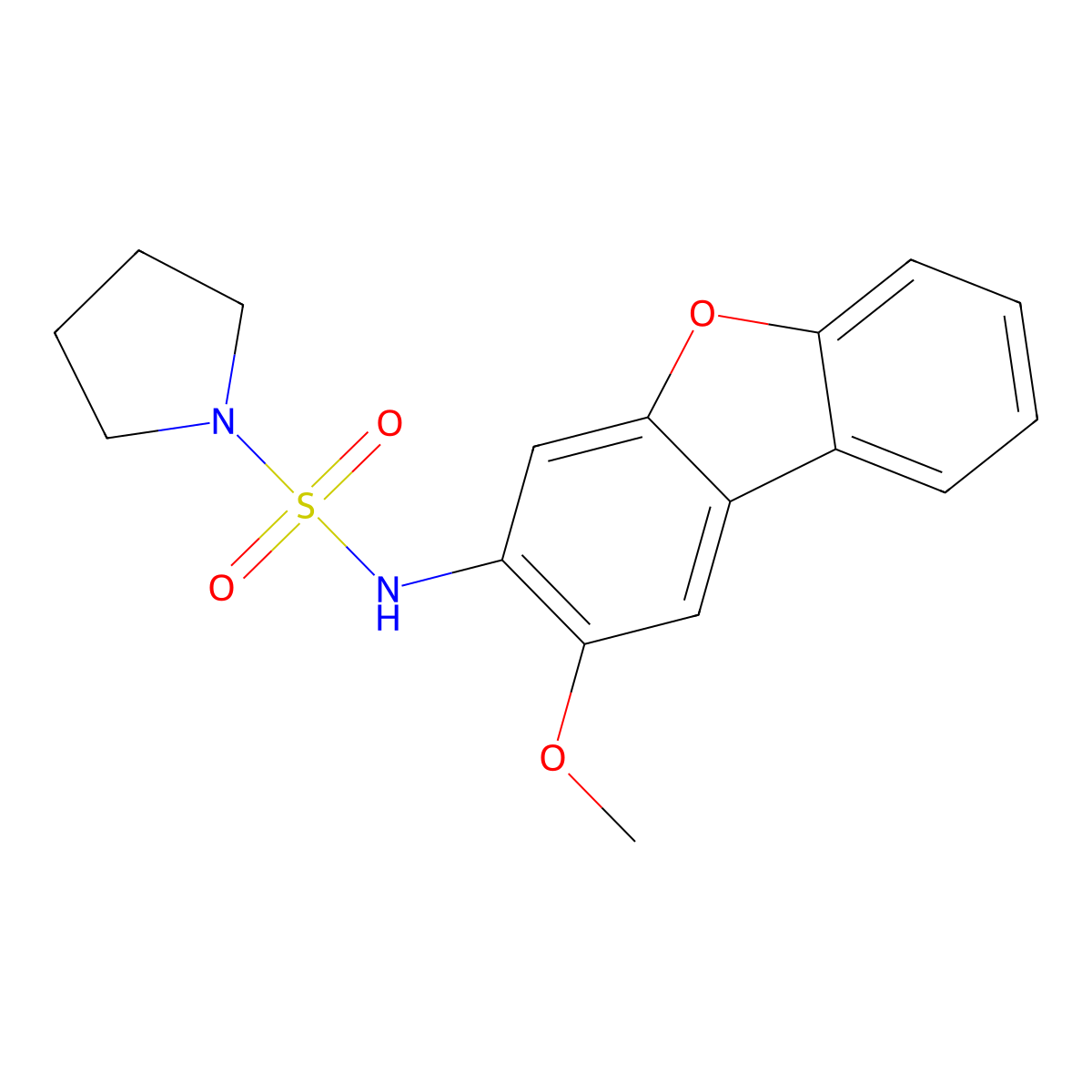 N-(2-methoxydibenzofuran-3-yl)pyrrolidine-1-sulfonamide molecular structure, CAS 632293-37-9