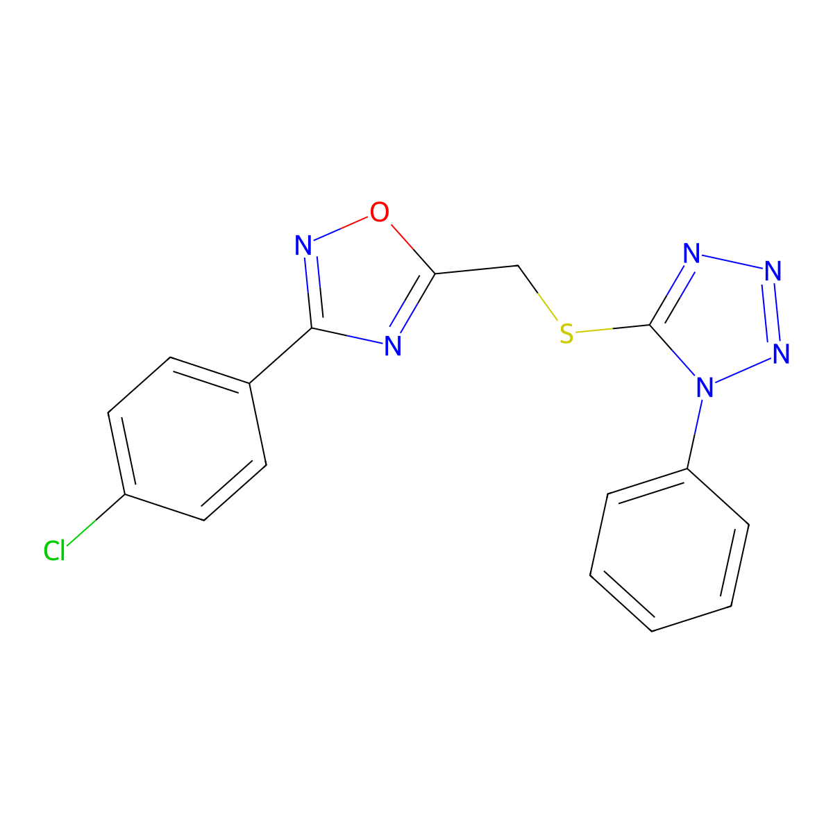 5-({[3-(4-chlorophenyl)-1,2,4-oxadiazol-5-yl]methyl}sulfanyl)-1-phenyl-1H-tetrazole molecular structure, CAS 632298-71-6