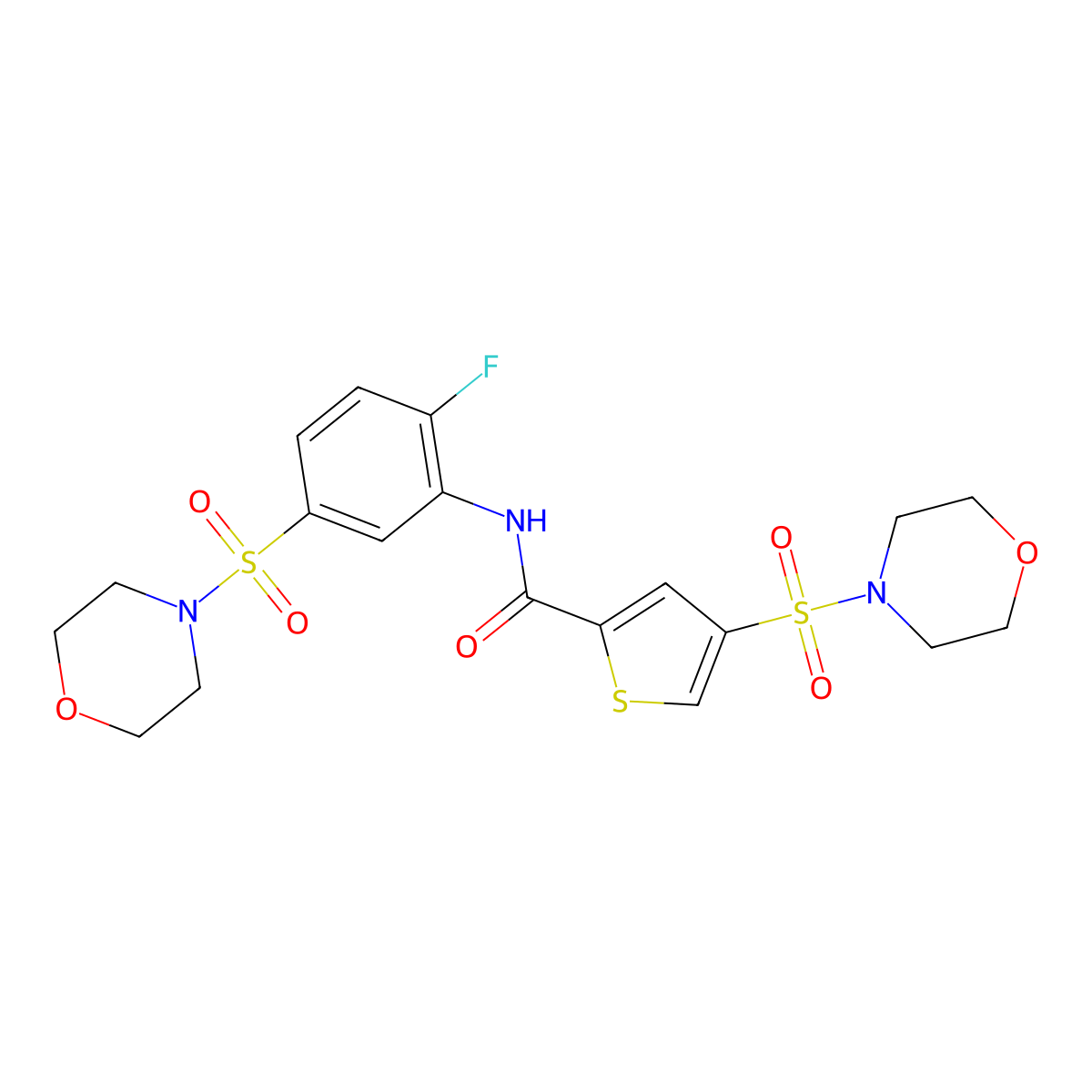 N-[2-Fluoro-5-(morpholine-4-sulfonyl)phenyl]-4-(morpholine-4-sulfonyl)thiophene-2-carboxamide molecular structure, CAS 632300-90-4