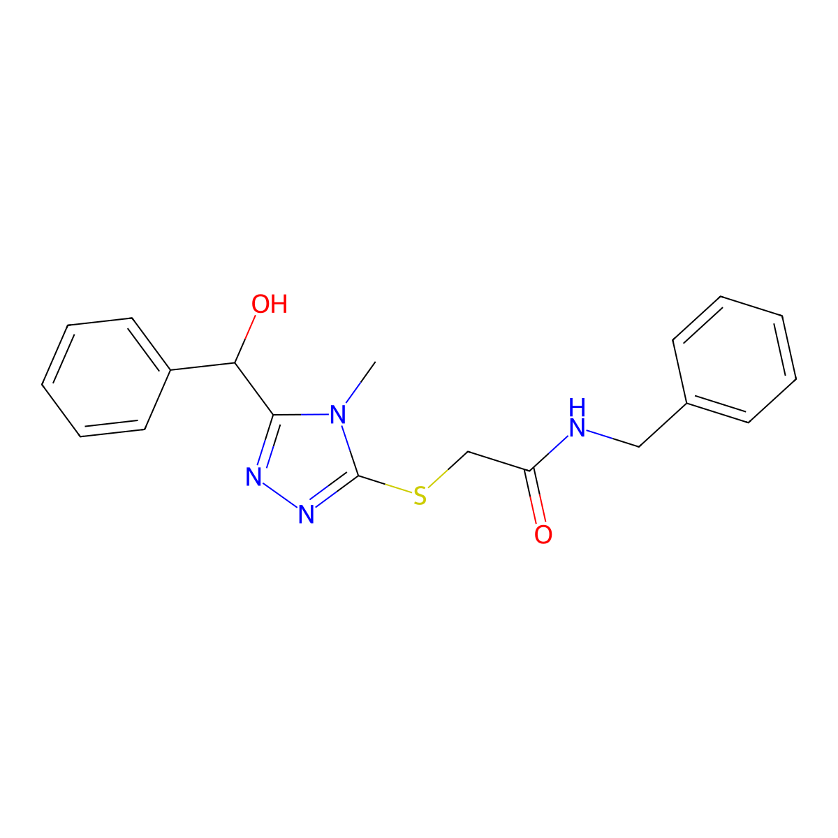 N-benzyl-2-[[5-[hydroxy(phenyl)methyl]-4-methyl-1,2,4-triazol-3-yl]sulfanyl]acetamide molecular structure, CAS 632301-47-4