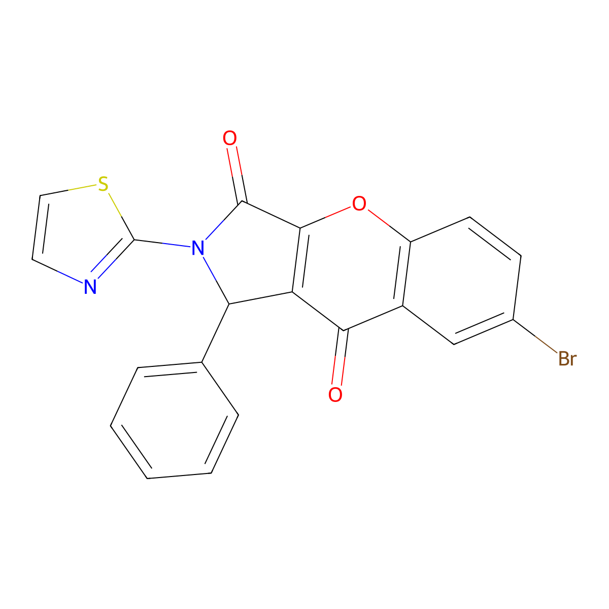 7-Bromo-1-phenyl-2-(1,3-thiazol-2-yl)-1,2-dihydrochromeno[2,3-c]pyrrole-3,9-dione molecular structure, CAS 632313-44-1