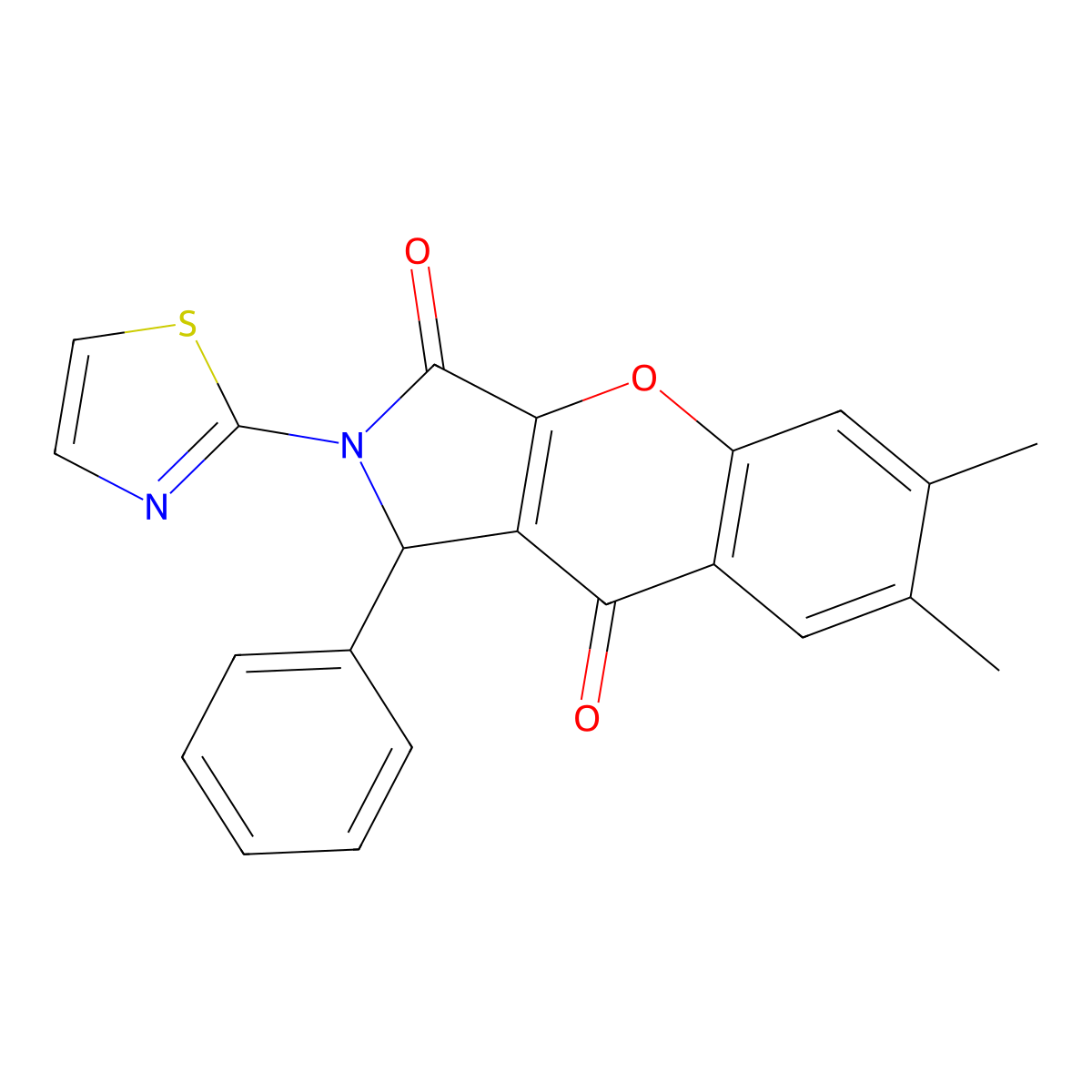 6,7-Dimethyl-1-phenyl-2-(thiazol-2-yl)-1,2-dihydrochromeno[2,3-c]pyrrole-3,9-dione molecular structure, CAS 632320-60-6