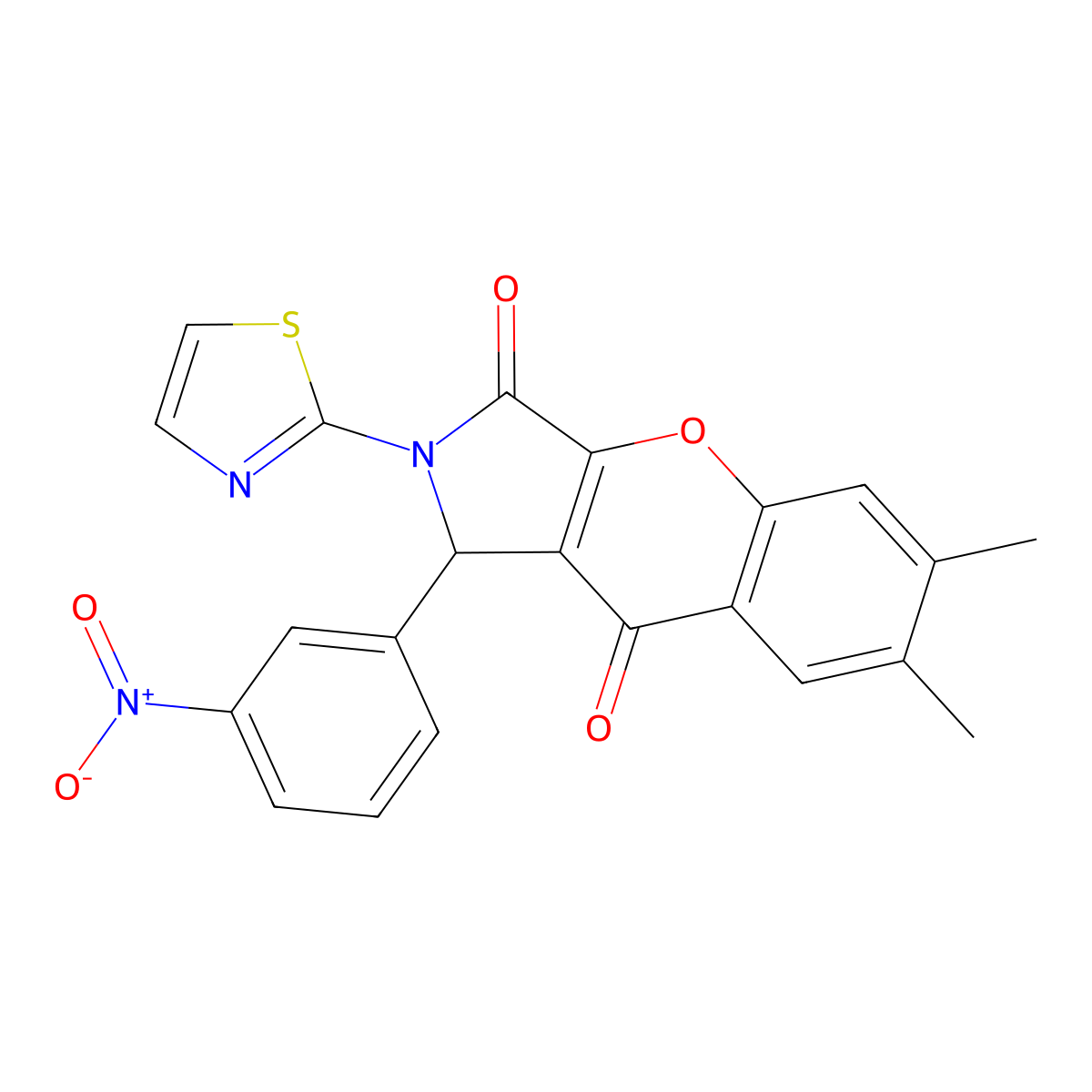 6,7-Dimethyl-1-(3-nitrophenyl)-2-(thiazol-2-yl)-1,2-dihydrochromeno[2,3-c]pyrrole-3,9-dione molecular structure, CAS 632320-75-3