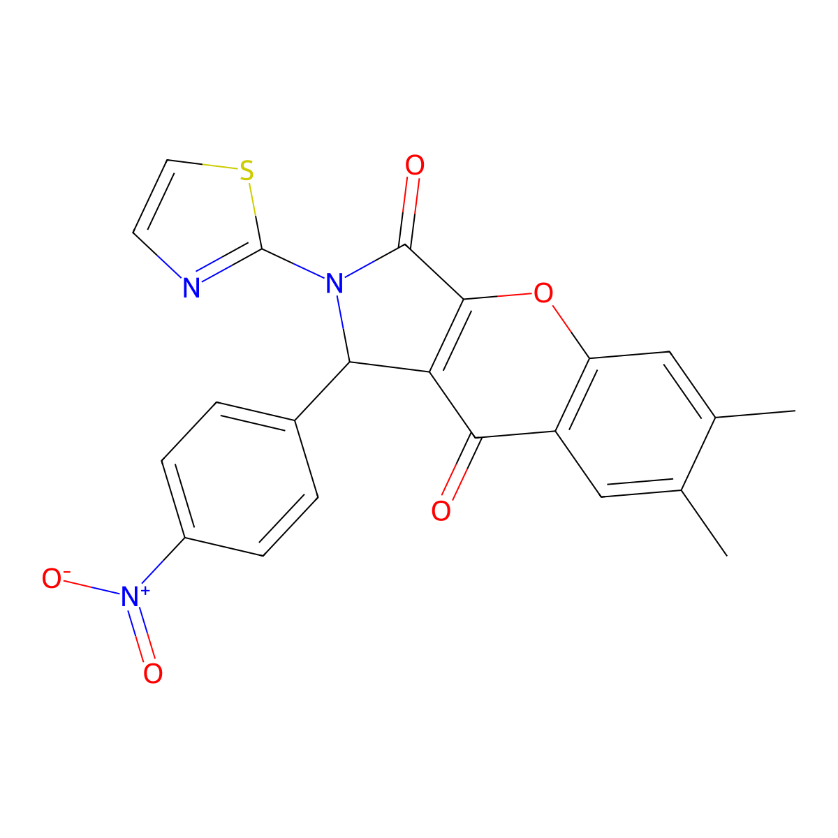 6,7-Dimethyl-1-(4-nitrophenyl)-2-(thiazol-2-yl)-1,2-dihydrochromeno[2,3-c]pyrrole-3,9-dione molecular structure, CAS 632320-87-7