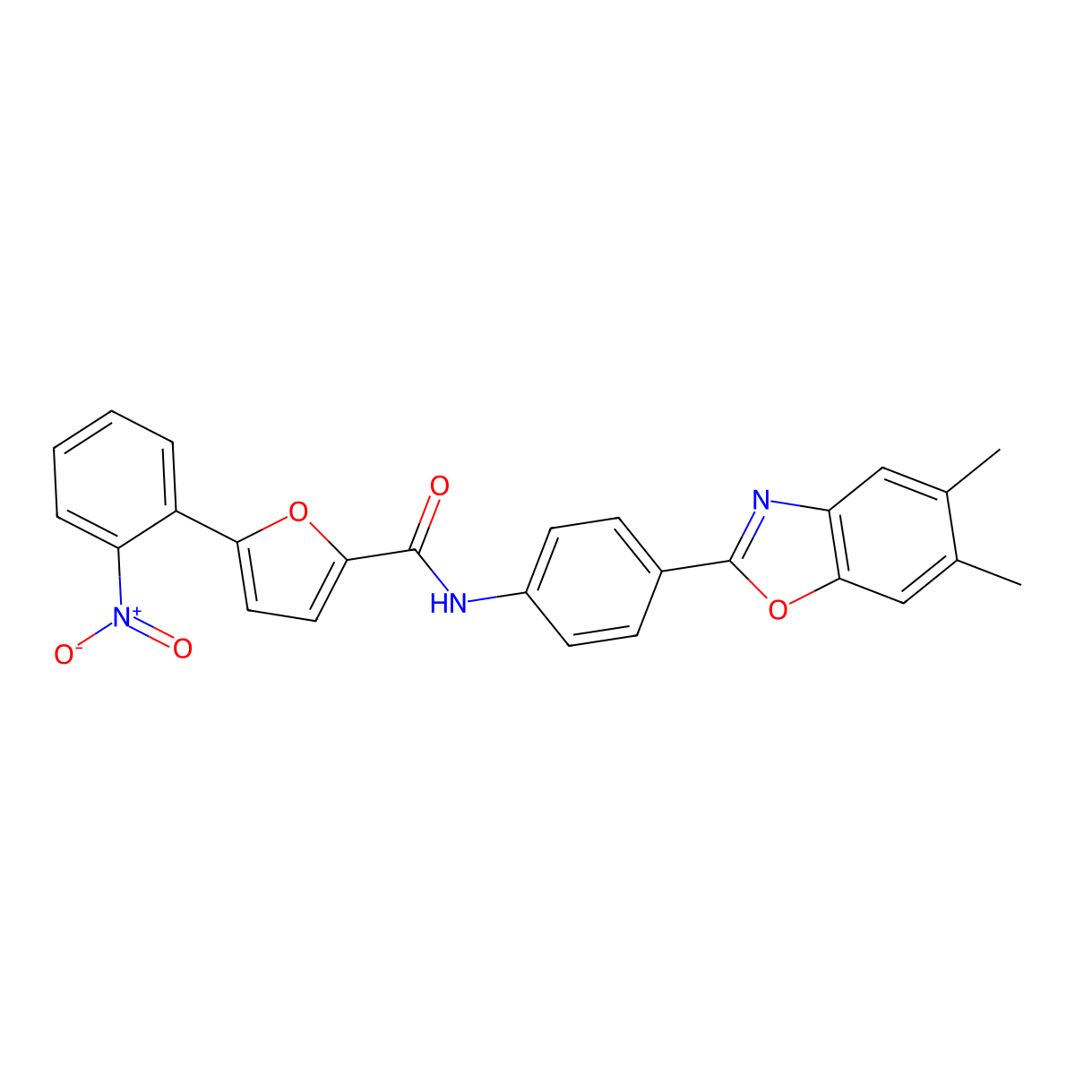 N-[4-(5,6-dimethyl-1,3-benzoxazol-2-yl)phenyl]-5-(2-nitrophenyl)furan-2-carboxamide molecular structure, CAS 6324-74-9