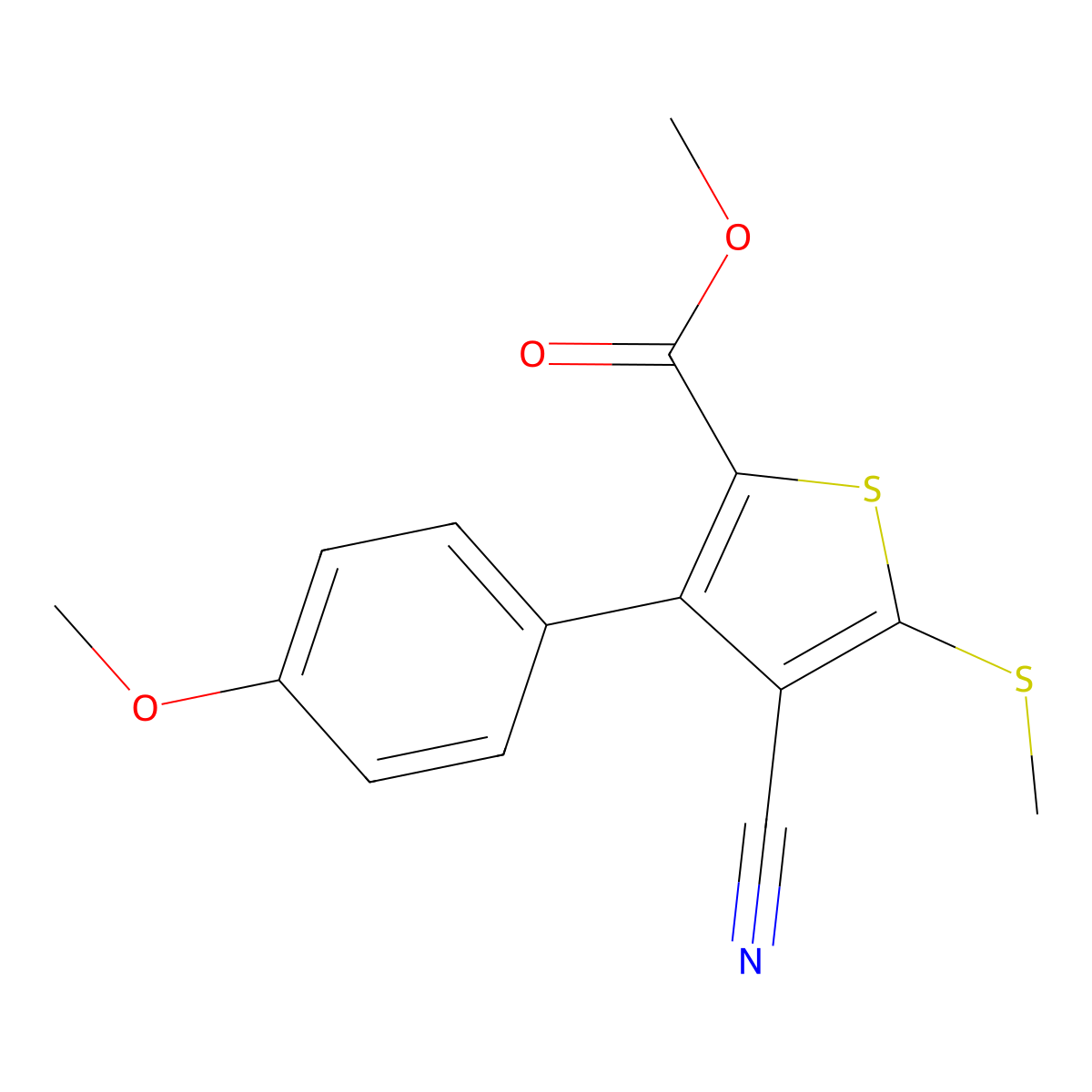 Methyl 4-cyano-3-(4-methoxyphenyl)-5-(methylthio)-2-thiophenecarboxylate molecular structure, CAS 63244-07-5