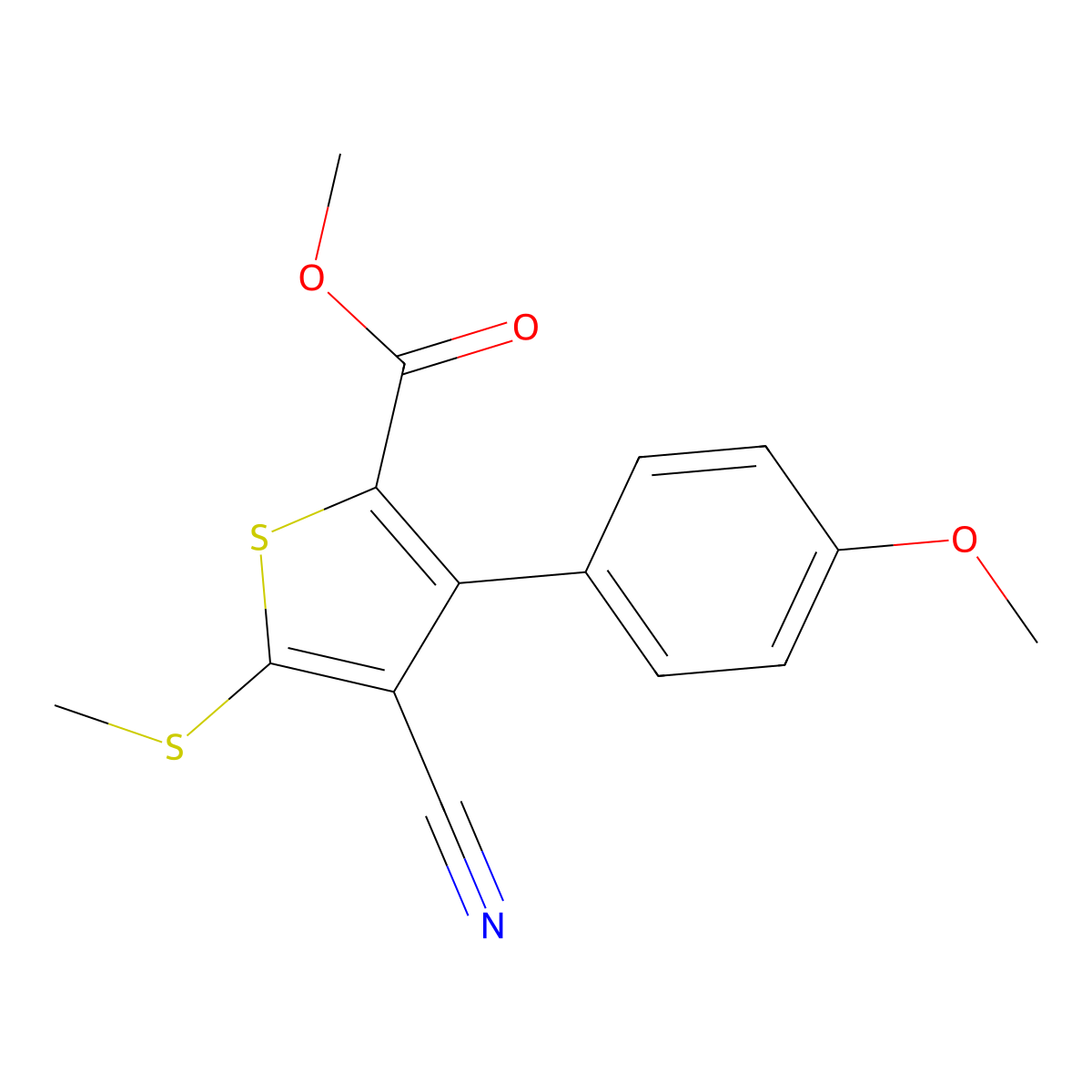 Methyl 4-cyano-3-(4-methoxyphenyl)-5-(methylthio)-2-thiophenecarboxylate molecular structure, CAS 63244-07-5