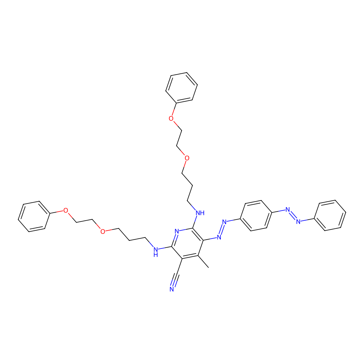 3-Pyridinecarbonitrile, 4-methyl-2,6-bis[[3-(2-phenoxyethoxy)propyl]amino]-5-[[4-(phenylazo)phenyl]azo]- molecular structure, CAS 63281-05-0