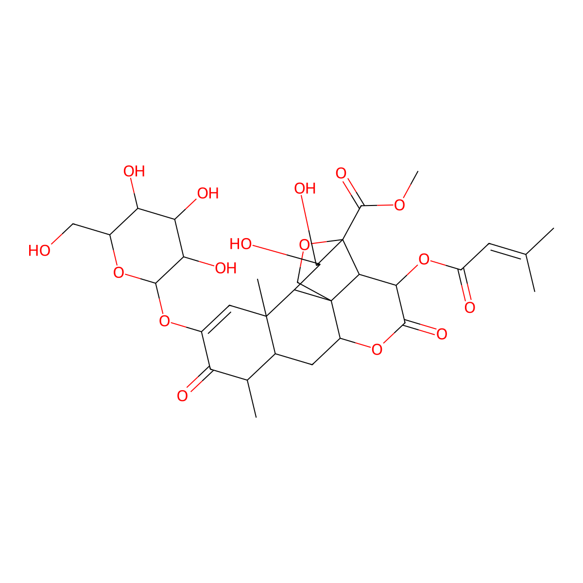 Picras-1-en-21-oic acid, 13,20-epoxy-2-(beta-D-glucopyranosyloxy)-11,12-dihydroxy-15-((3-methyl-1-oxo-2-buten-1-yl)oxy)-3,16-dioxo-, methyl ester, (11beta,12alpha,15beta)- molecular structure, CAS 63306-30-9