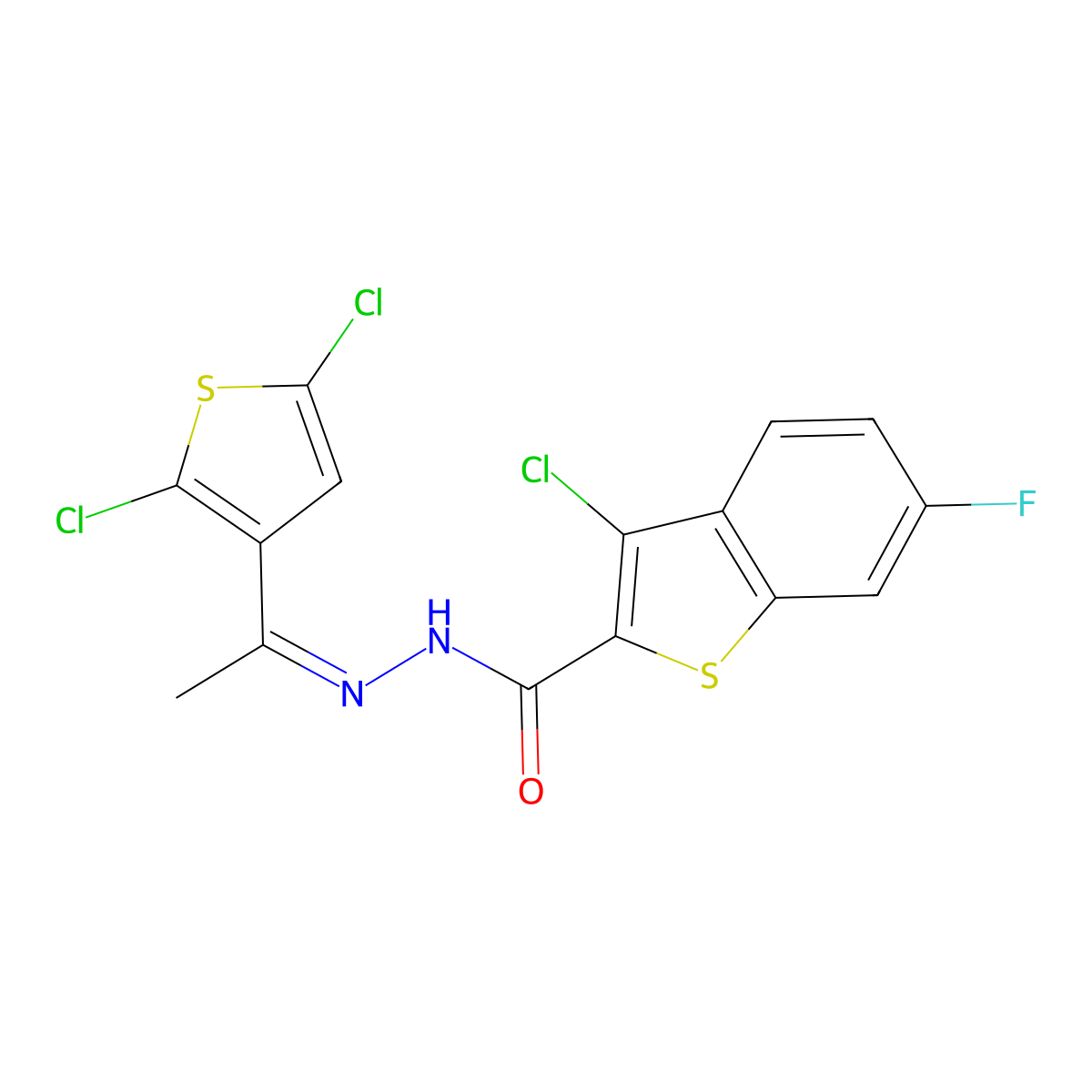 3-chloro-N-[1-(2,5-dichlorothiophen-3-yl)ethylideneamino]-6-fluoro-1-benzothiophene-2-carboxamide molecular structure, CAS 6331-32-4
