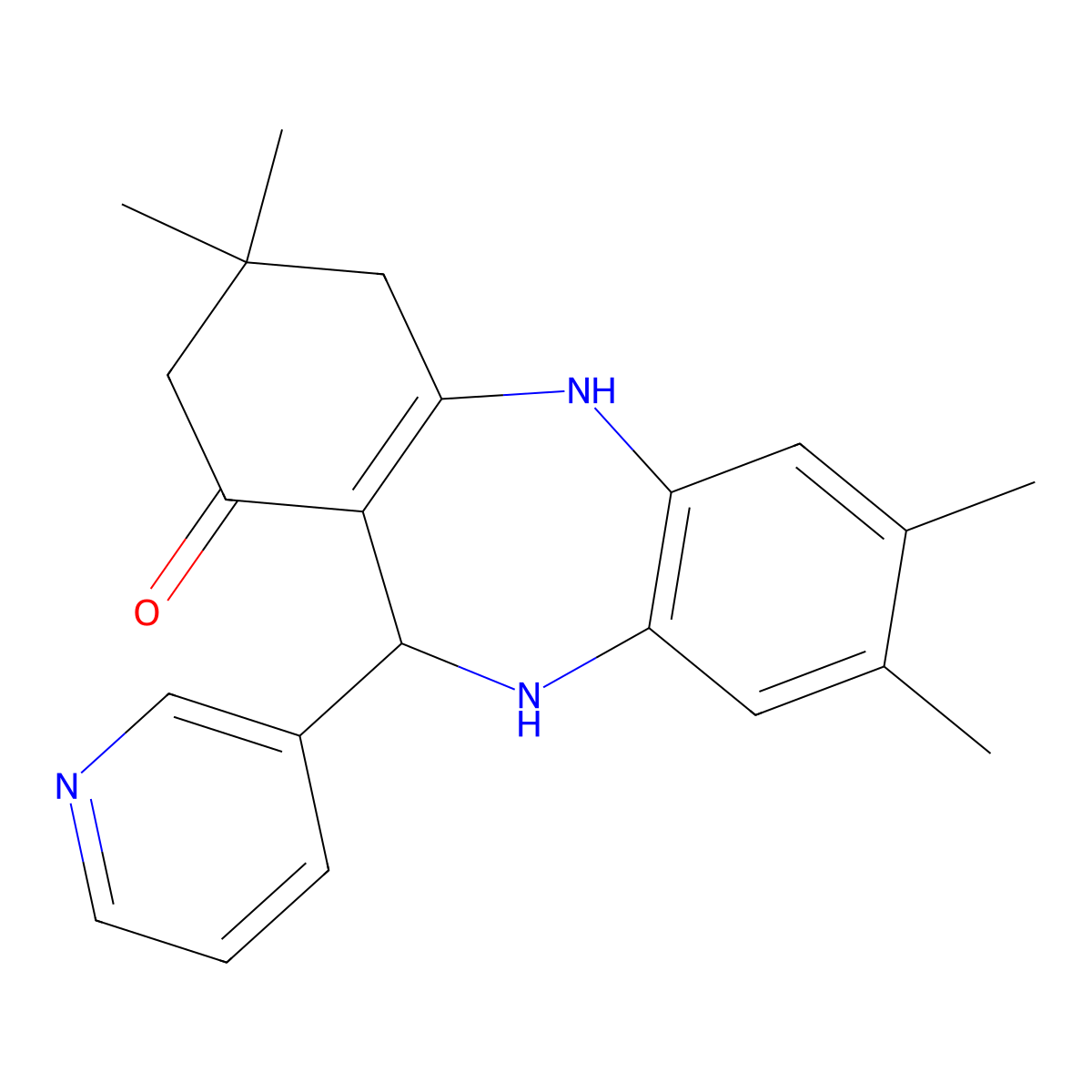 2,3,9,9-tetramethyl-6-pyridin-3-yl-6,8,10,11-tetrahydro-5H-benzo[b][1,4]benzodiazepin-7-one molecular structure, CAS 633280-00-9