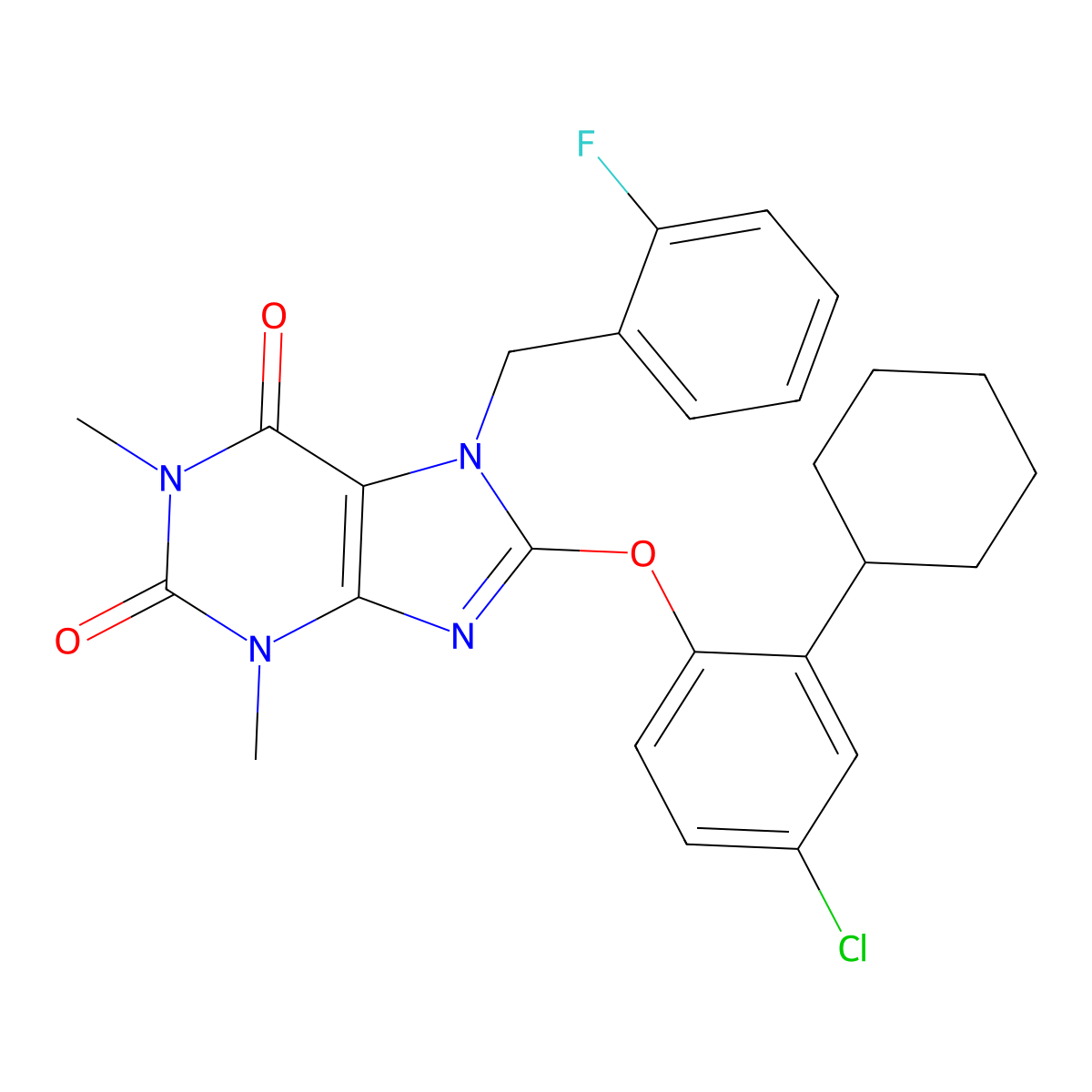 8-(4-Chloro-2-cyclohexylphenoxy)-7-[(2-fluorophenyl)methyl]-1,3-dimethylpurine-2,6-dione molecular structure, CAS 633281-14-8