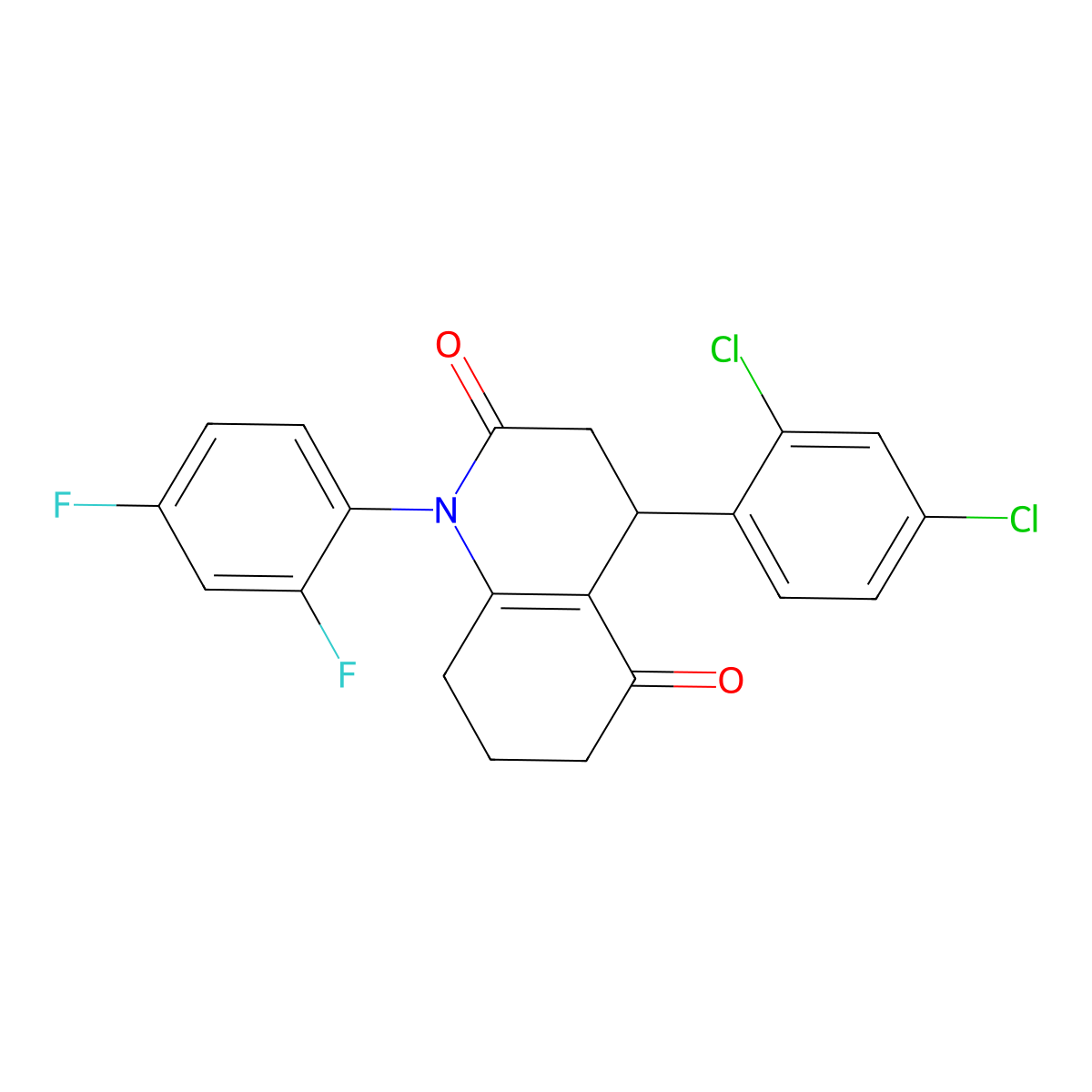 4-(2,4-dichlorophenyl)-1-(2,4-difluorophenyl)-4,6,7,8-tetrahydro-3H-quinoline-2,5-dione molecular structure, CAS 633284-54-5