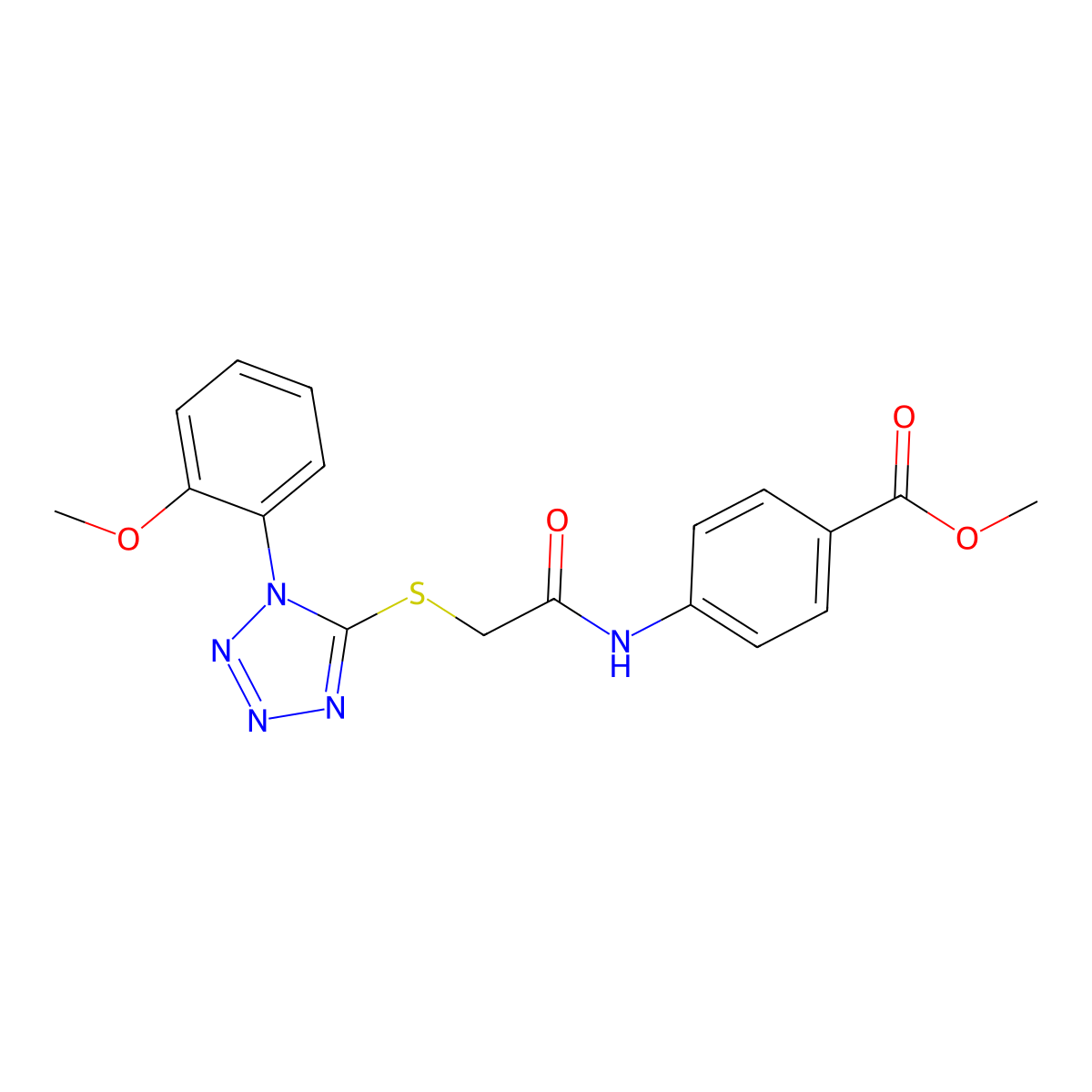 Methyl 4-[[2-[1-(2-methoxyphenyl)tetrazol-5-yl]sulfanylacetyl]amino]benzoate molecular structure, CAS 633284-77-2