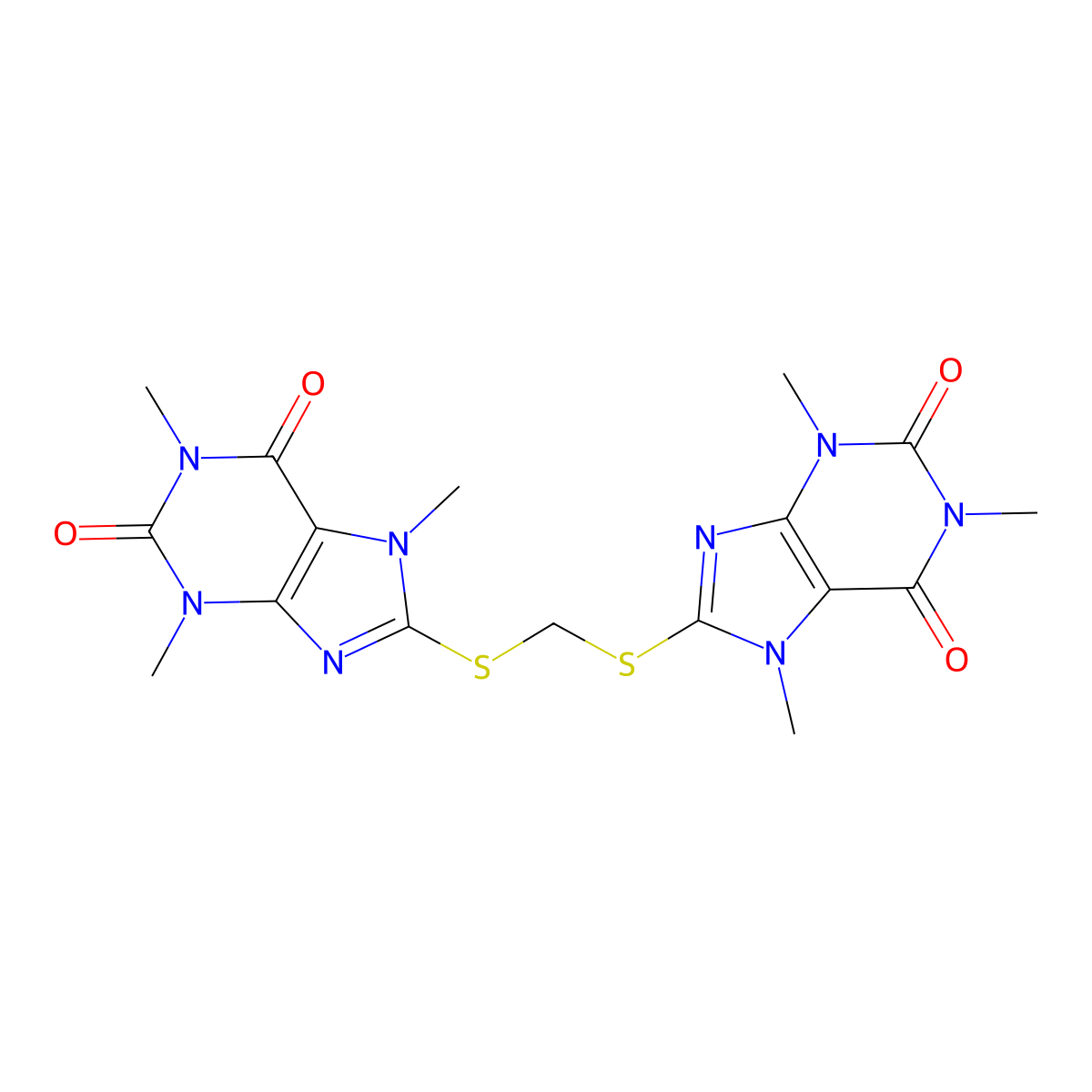 1,3,7-Trimethyl-8-[(1,3,7-trimethyl-2,6-dioxopurin-8-yl)sulfanylmethylsulfanyl]purine-2,6-dione molecular structure, CAS 633284-81-8