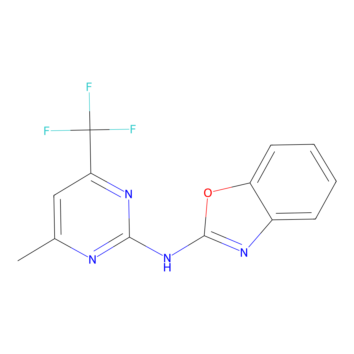 N-[4-methyl-6-(trifluoromethyl)pyrimidin-2-yl]-1,3-benzoxazol-2-amine molecular structure, CAS 633287-33-9