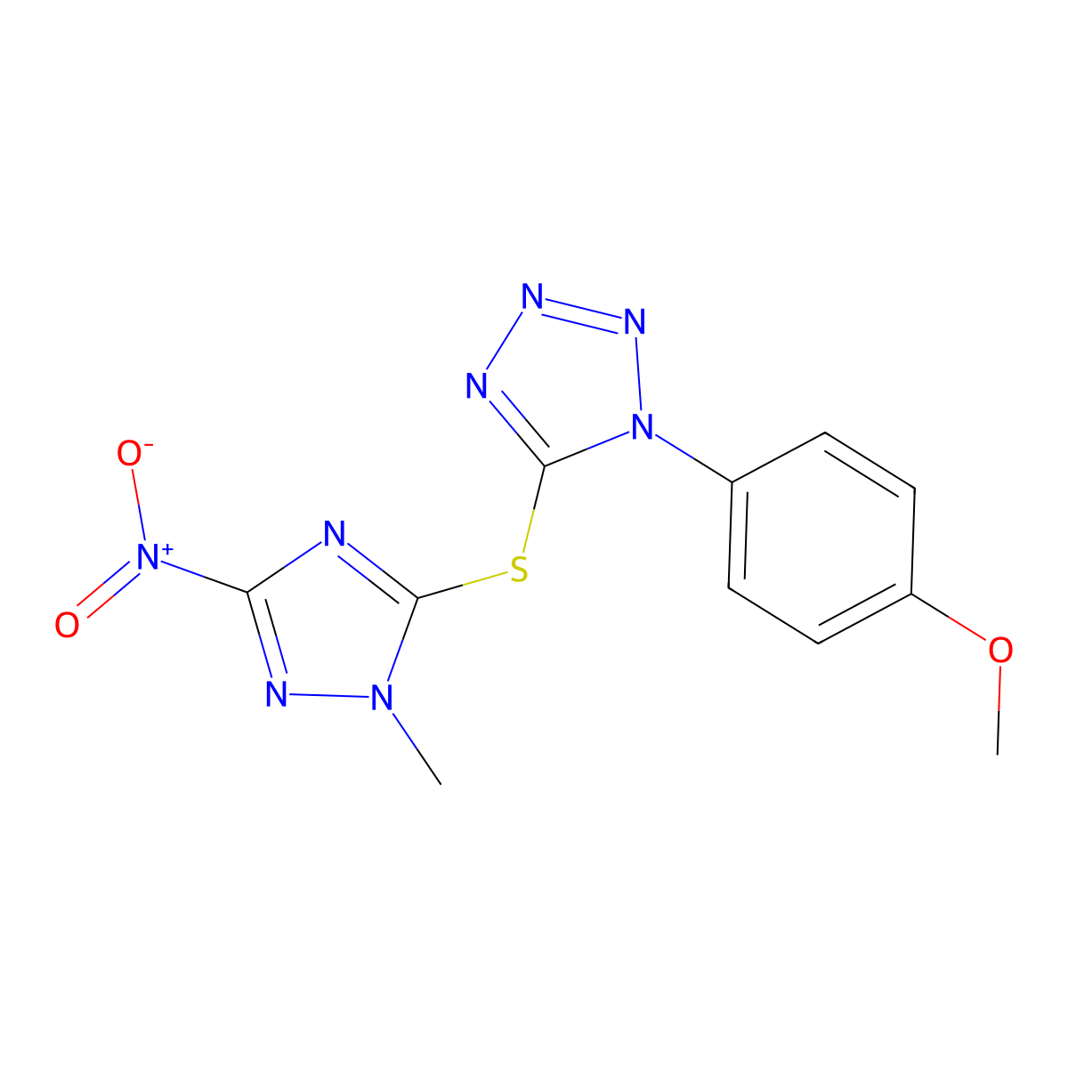 1-(4-Methoxyphenyl)-5-[(2-methyl-5-nitro-1,2,4-triazol-3-yl)sulfanyl]tetrazole molecular structure, CAS 633287-72-6