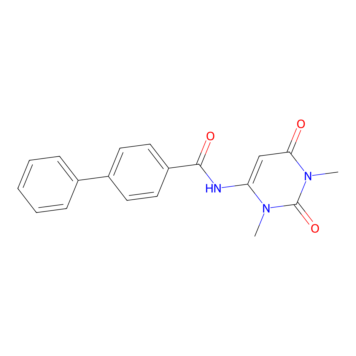 N-(1,3-dimethyl-2,6-dioxo-1,2,3,6-tetrahydropyrimidin-4-yl)-[1,1'-biphenyl]-4-carboxamide molecular structure, CAS 633296-64-7