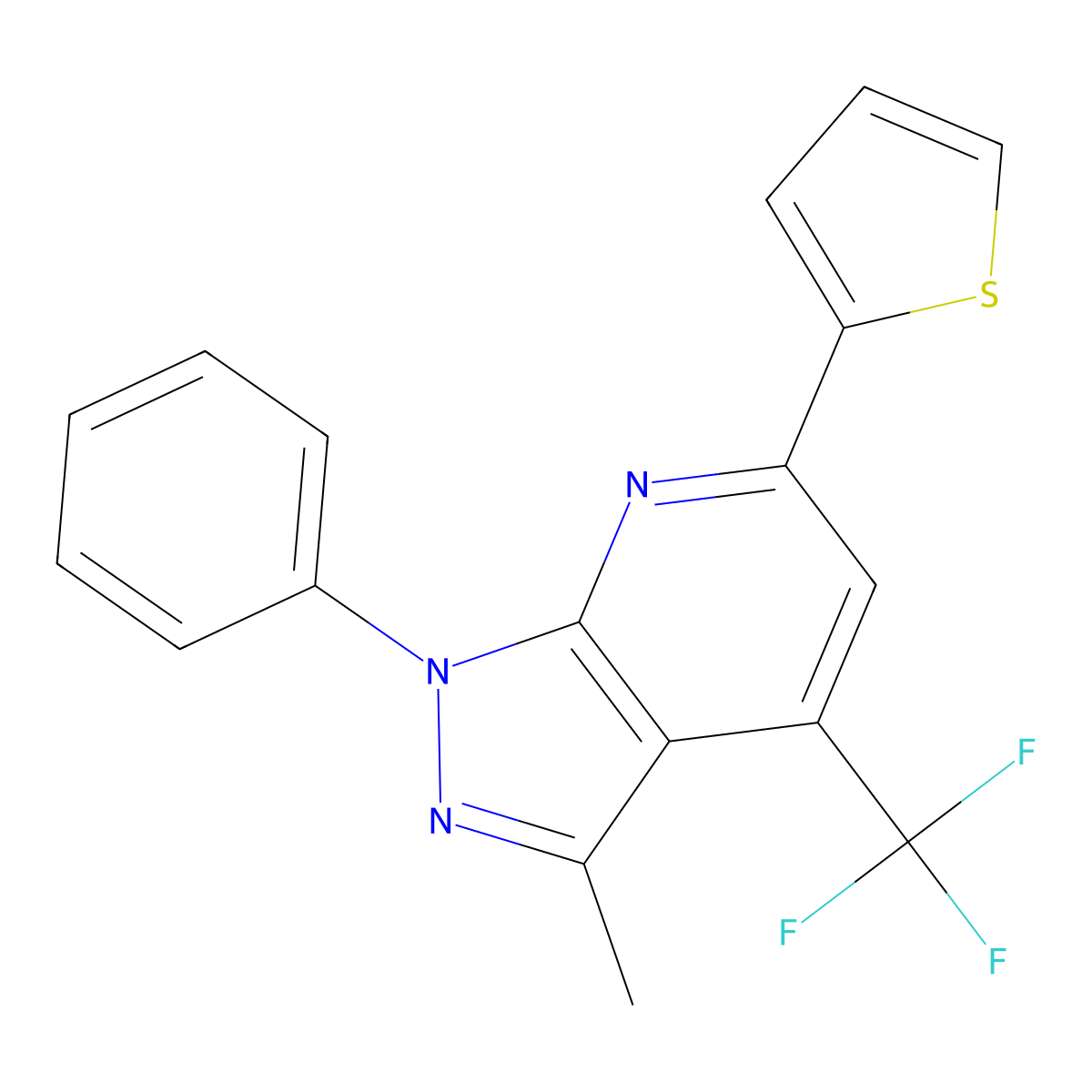 3-Methyl-1-phenyl-6-(2-thienyl)-4-(trifluoromethyl)-1H-pyrazolo(3,4-B)pyridine molecular structure, CAS 633315-37-4