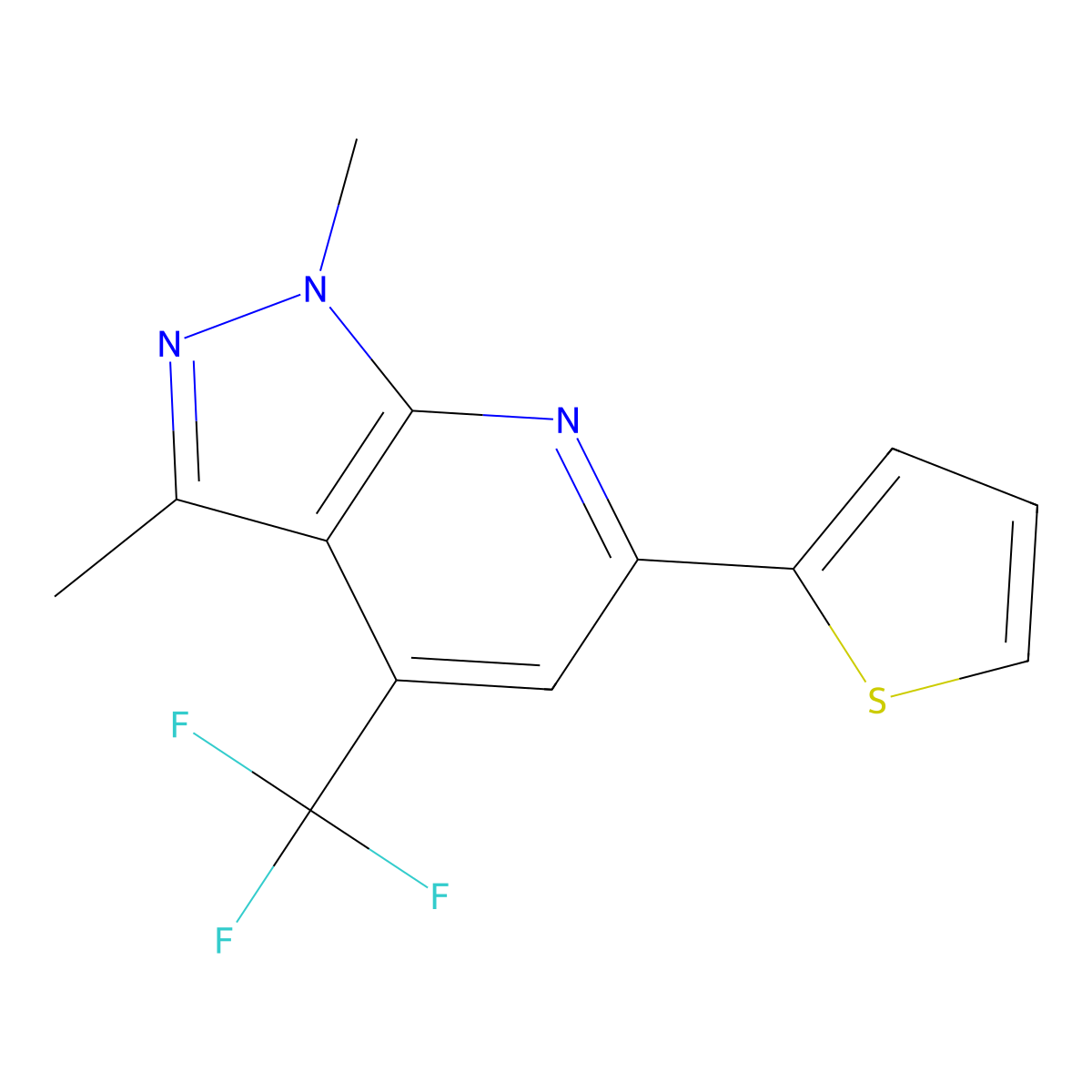 1,3-Dimethyl-6-(2-thienyl)-4-(trifluoromethyl)-1H-pyrazolo(3,4-B)pyridine molecular structure, CAS 633315-39-6