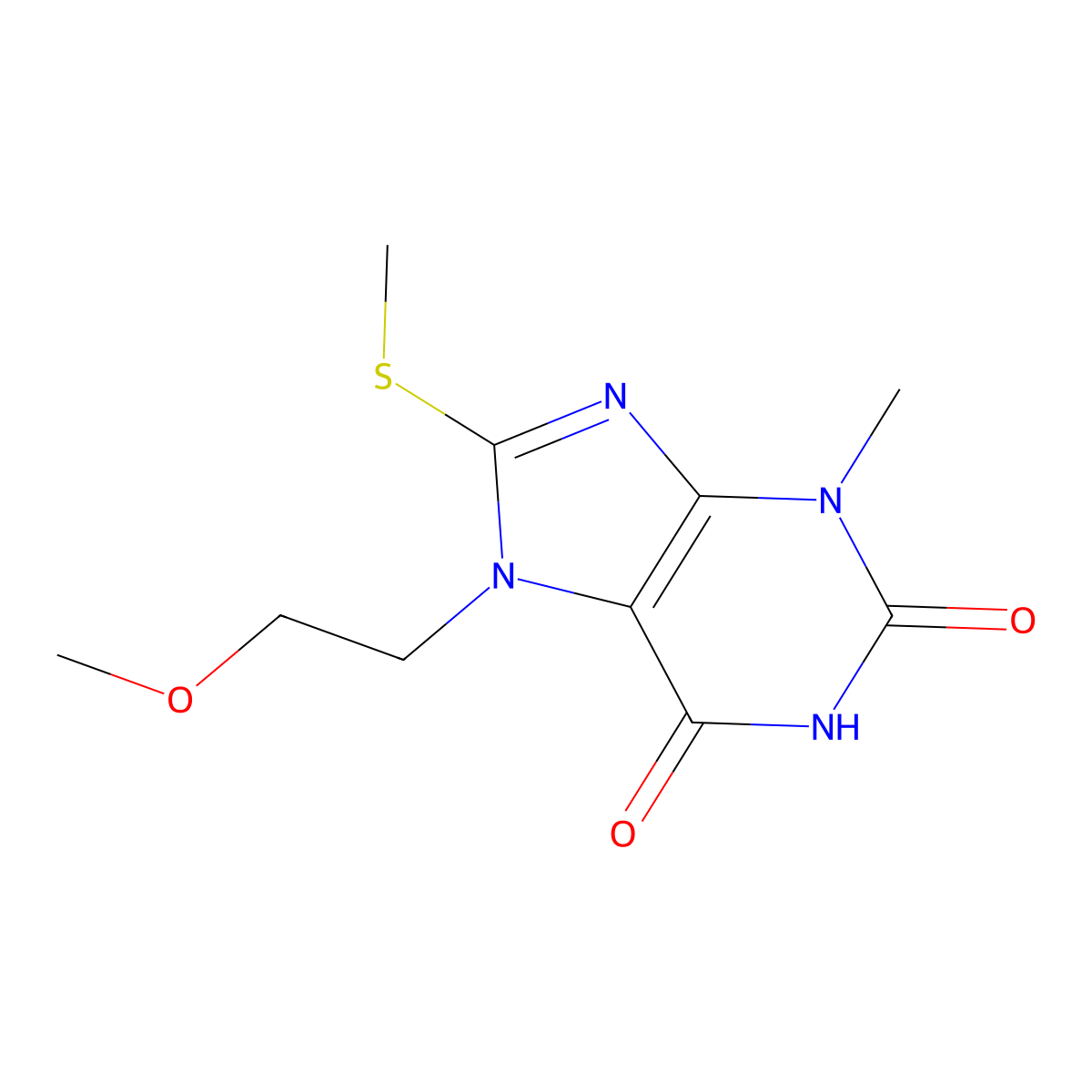 7-(2-methoxyethyl)-3-methyl-8-(methylthio)-1H-purine-2,6(3H,7H)-dione molecular structure, CAS 633318-70-4