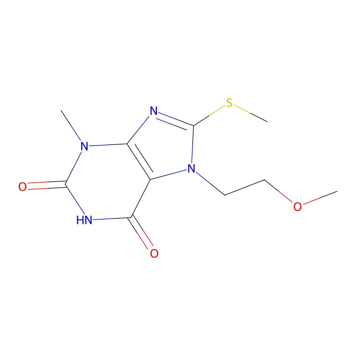 7-(2-methoxyethyl)-3-methyl-8-(methylthio)-1H-purine-2,6(3H,7H)-dione molecular structure, CAS 633318-70-4