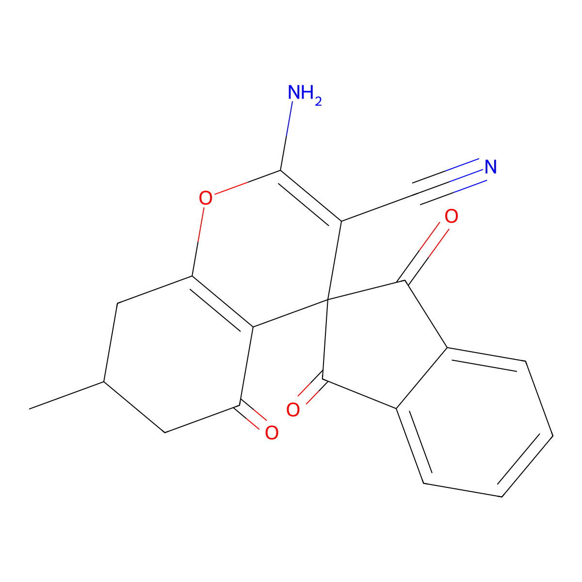 2-Amino-7-methyl-1',3',5-trioxo-1',3',5,6,7,8-hexahydrospiro[chromene-4,2'-indene]-3-carbonitrile molecular structure, CAS 634155-11-6
