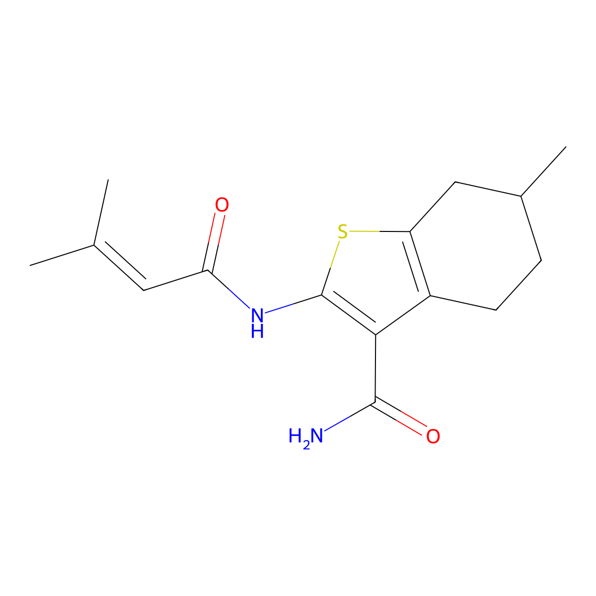 6-Methyl-2-(3-methylbut-2-enoylamino)-4,5,6,7-tetrahydro-1-benzothiophene-3-carboxamide molecular structure, CAS 634162-27-9